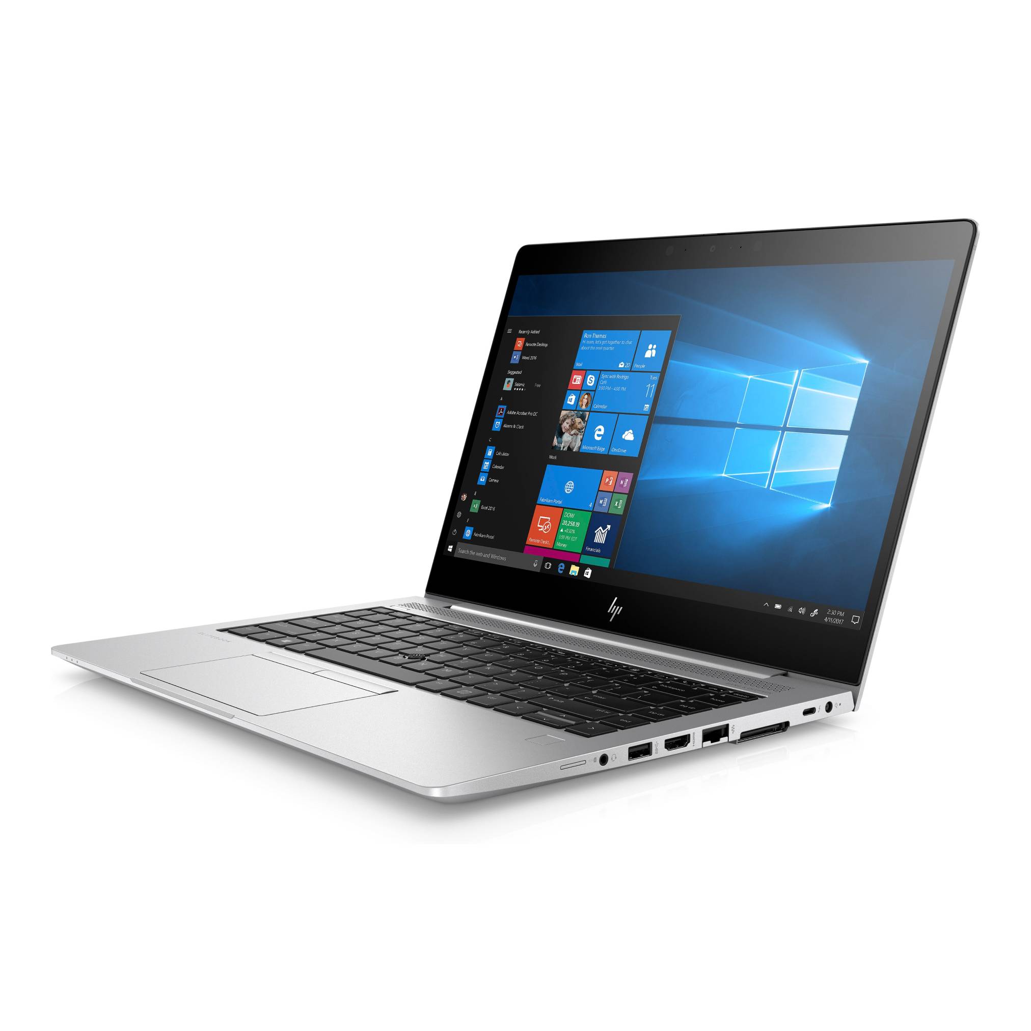 Silberner HP-Laptop in geöffneter Position, zeigt den Windows 10-Desktop und das Startmenü auf weißem Hintergrund.