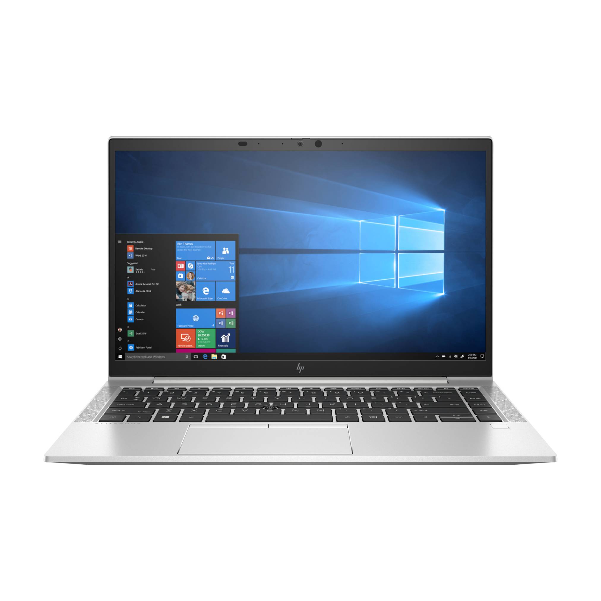 Frontansicht eines offenen HP-Laptops auf weißem Hintergrund, wobei der Windows 10-Desktop mit geöffnetem Startmenü angezeigt wird.