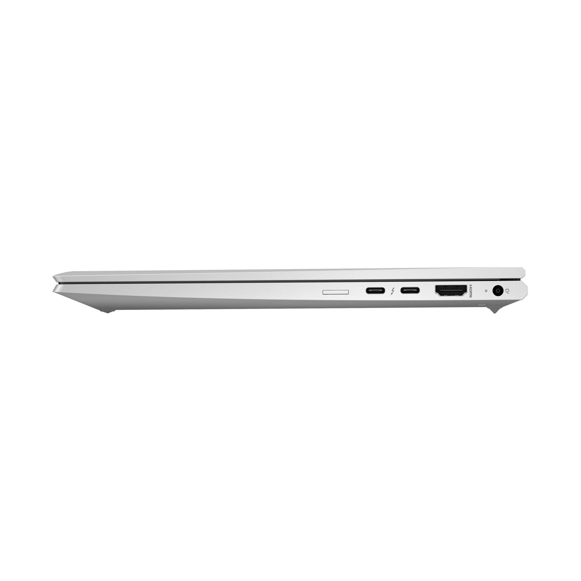 Seitenansicht eines schlanken silbernen Laptops, die seine linke Kante mit einem USB-C-, HDMI- und Audioanschluss zeigt.