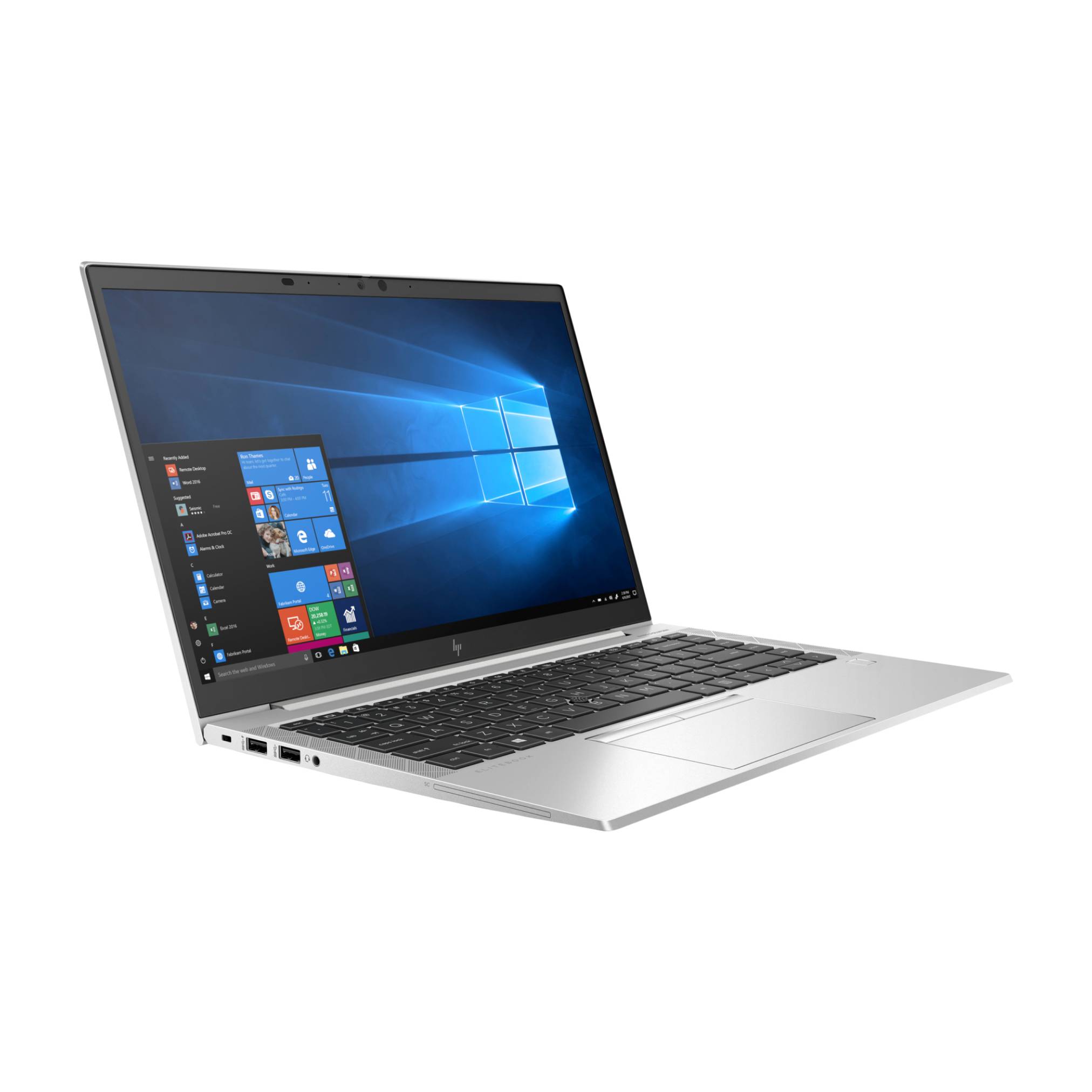 Silberner Laptop im Winkel geöffnet, zeigt den Windows-Desktop und das Startmenü auf dem Bildschirm.