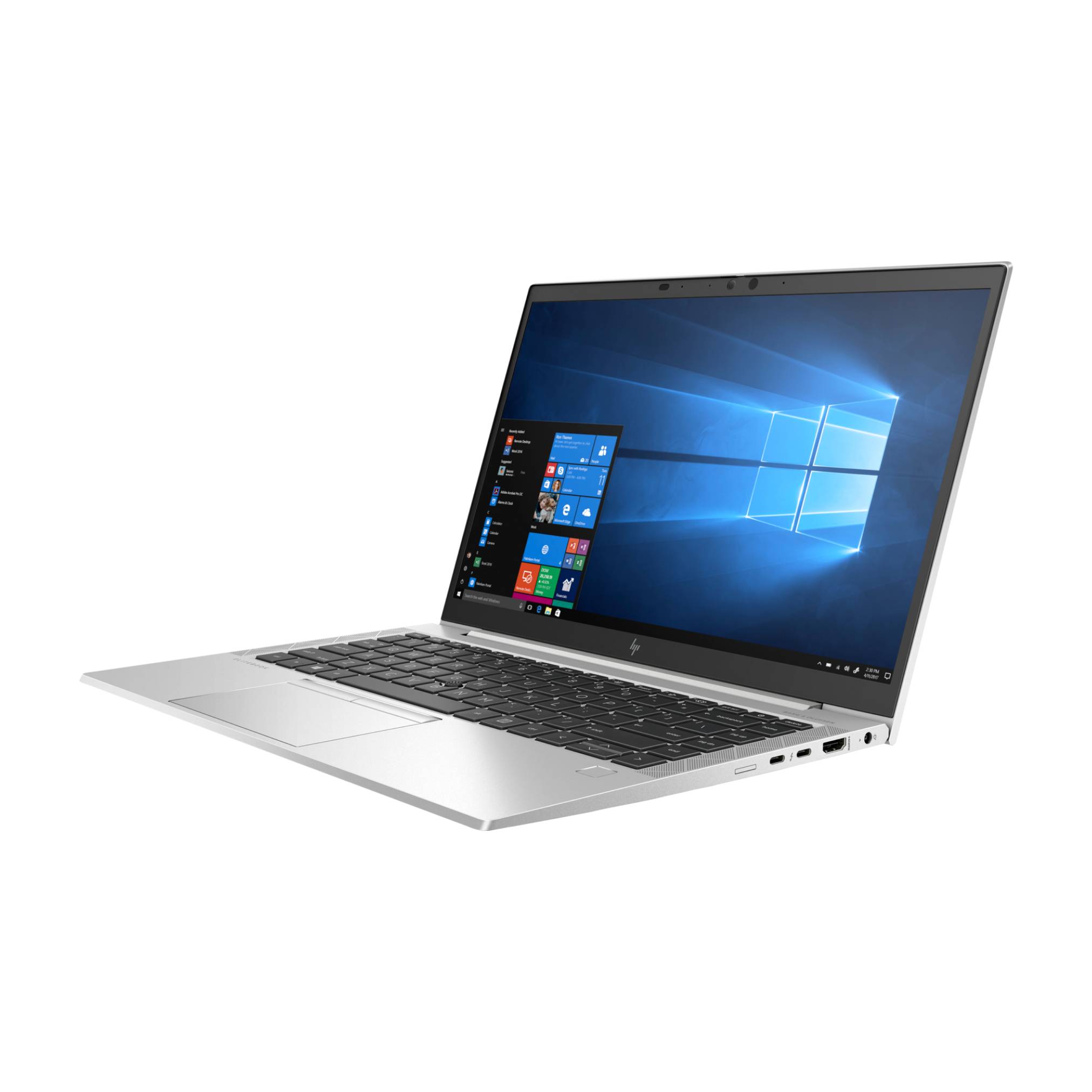 Silberner HP-Laptop in einem Winkel offen, zeigt den Windows 10-Desktop und das Startmenü auf weißem Hintergrund.