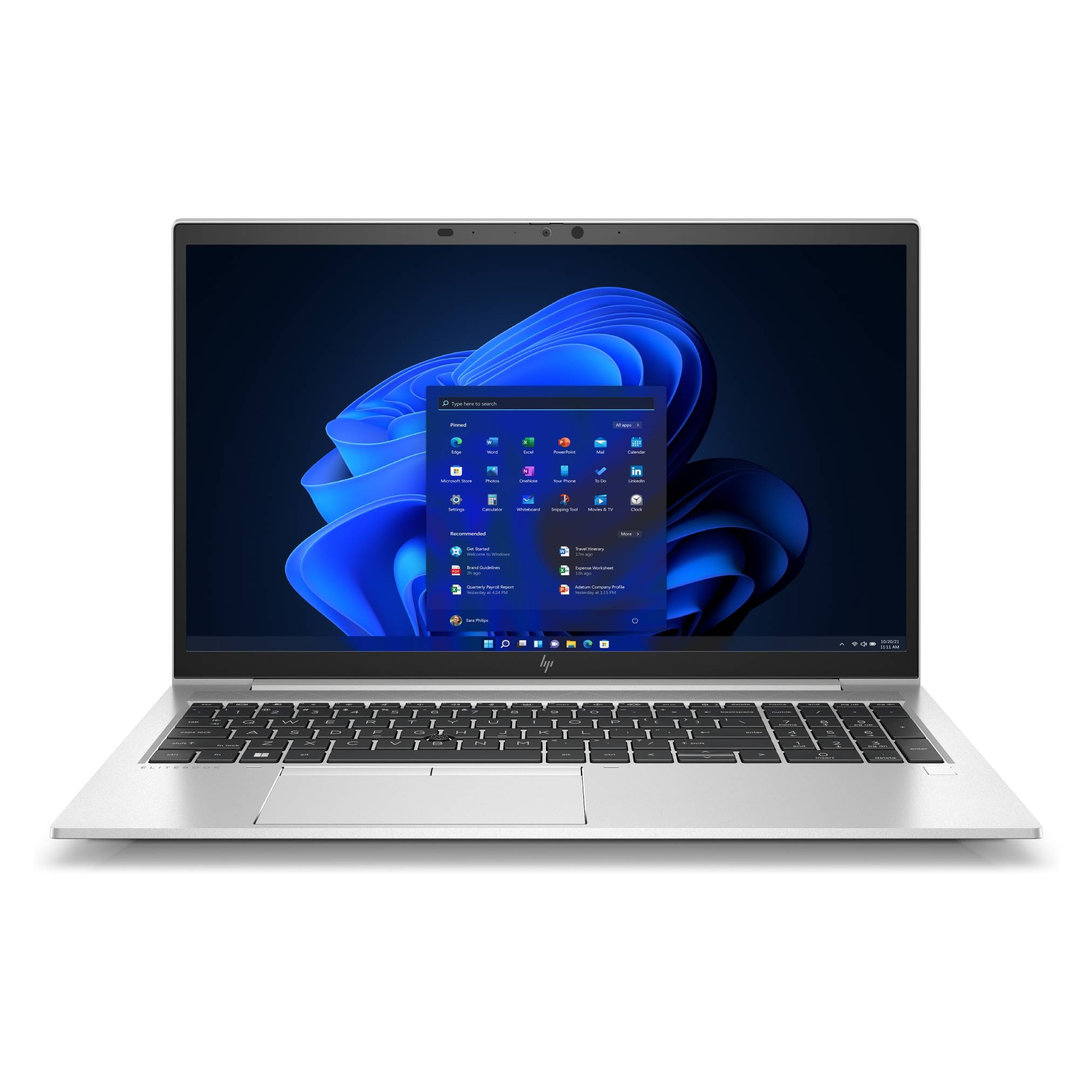 Silberner Laptop, auf dem der Windows 11-Desktop mit geöffnetem Startmenü auf einem blauen abstrakten Hintergrund angezeigt wird.