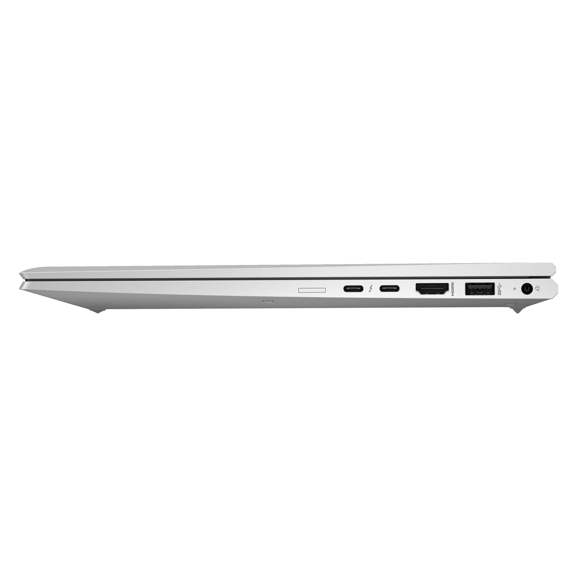 Seitenansicht eines schlanken silbernen Laptops in geschlossenem Zustand, wobei die Anschlüsse und der Betriebsschalter an der rechten Kante sichtbar sind.