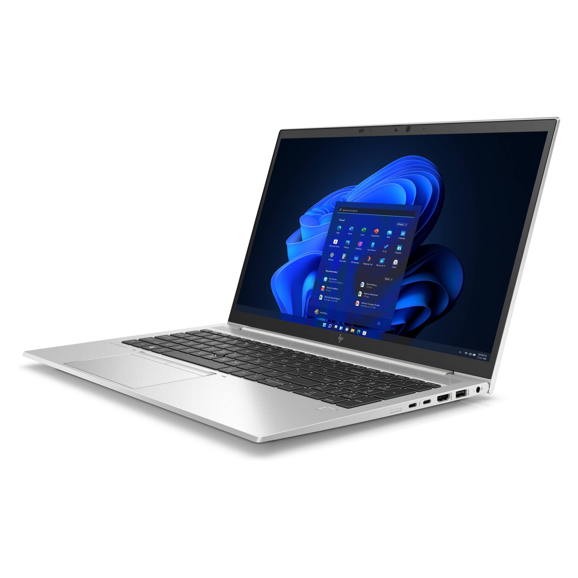 Silberner Laptop, der auf weißem Hintergrund offen angezeigt wird und den Windows 11-Desktop auf seinem Bildschirm zeigt.