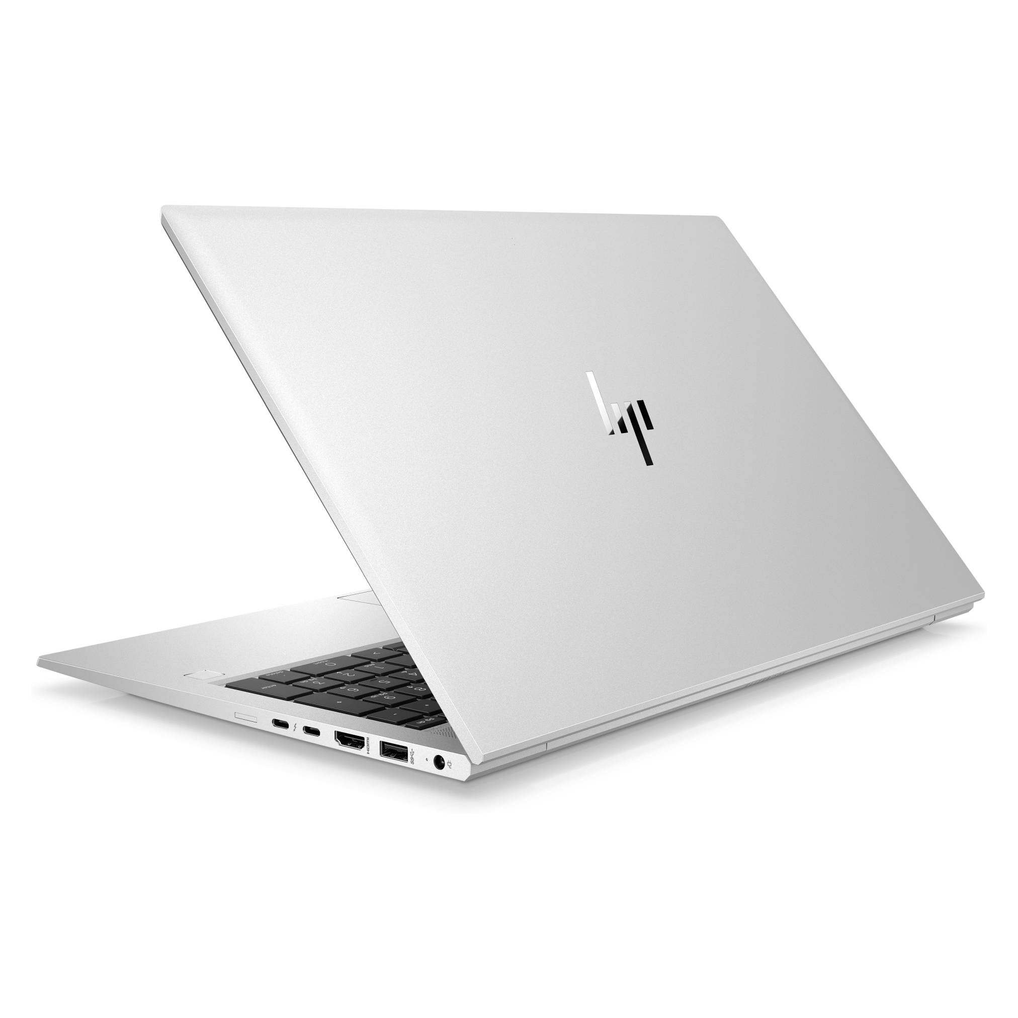 Silbernes HP-Laptop, das auf weißem Hintergrund teilweise geöffnet ist und die Tastatur, die Seitenports und das zentrierte HP-Logo auf dem Deckel zeigt.