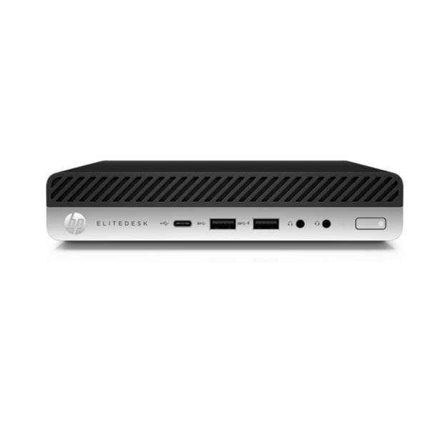 Vorderansicht eines HP EliteDesk Mini-Desktop-Computers mit Frontbelüftung, USB-Anschlüssen, Audio-Buchsen und Ein-/Ausschalter auf weißem Hintergrund.