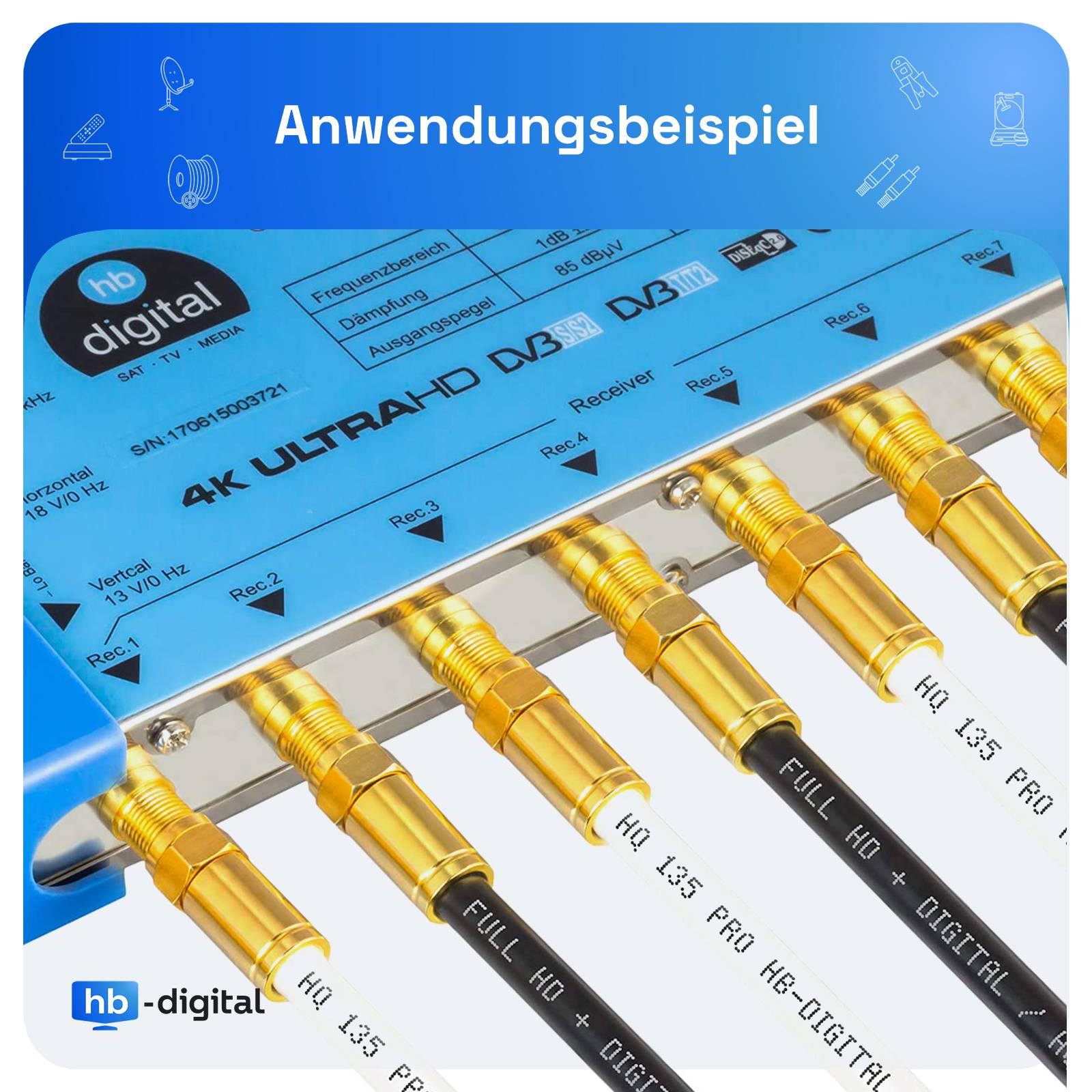 hb-digital SAT Anschlusskabel 30m 135dB 4-Fach Stahl Kupfer mit F-Stecker Kompression vergoldet weiß