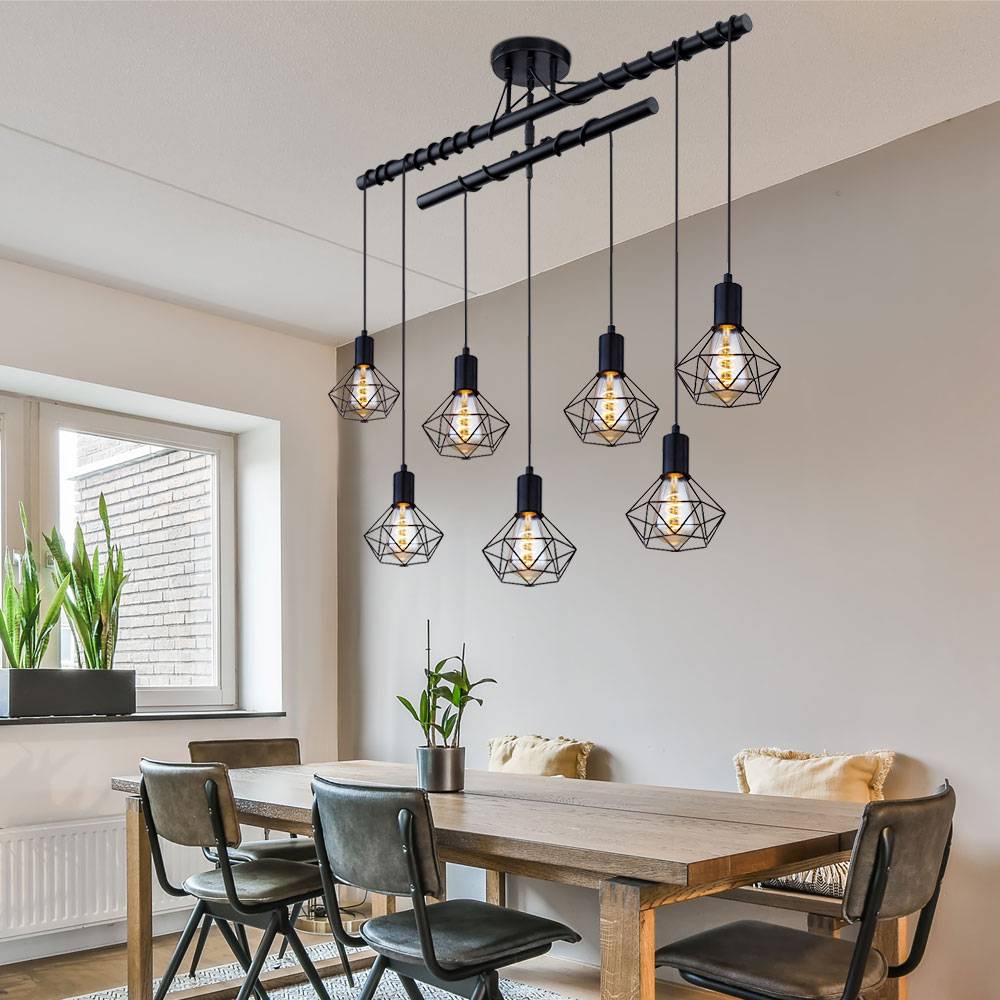 Hängelampe Pendelleuchte Modern Esszimmerleuchte Industriell schwarz Hängeleuchte Höhenverstellbar, Käfig Schirme, 7 Flammig E27, LxBxH 100x15x100