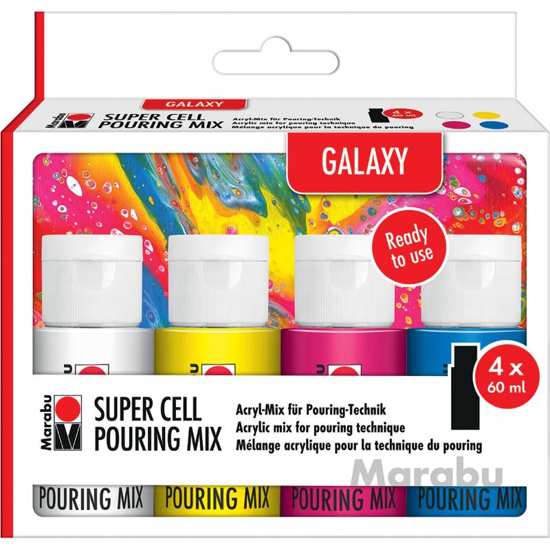Marabu Super Cell Pouring Mix, Galaxy.' Box mit vier Flaschen Pouring Mix in Weiß, Gelb, Magenta und Blau. Entwickelt für Acrylic Pouring Techniken.