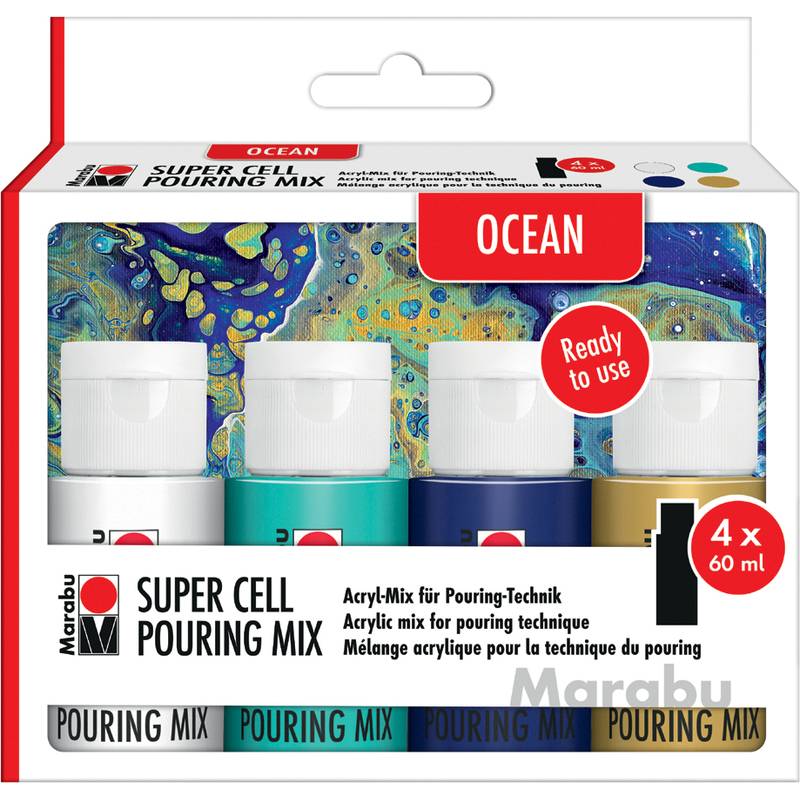 Acryl-Pouring-Set, Ozean-Thema, 4 x 60 ml Flaschen. Enthält Farben und Anleitung für die Fluid-Art-Technik.