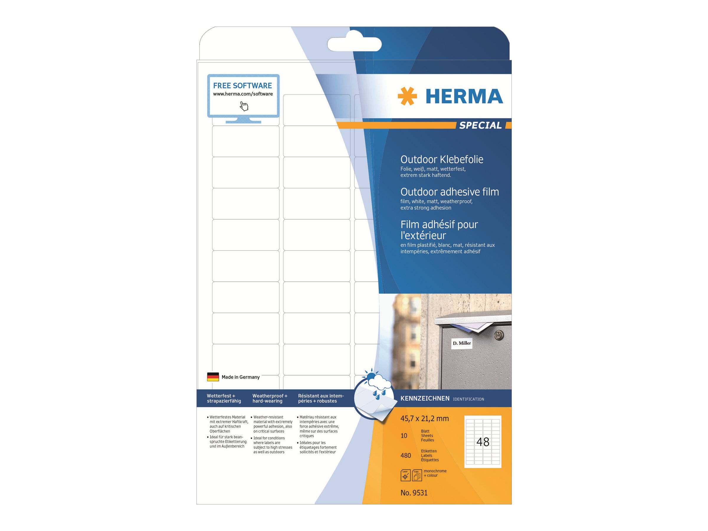 HERMA Special - Polyethylen (PE) - matt - selbstklebend - weiß - 45.7 x 21.2 mm 480 Etikett(en) (10 Bogen x 48)