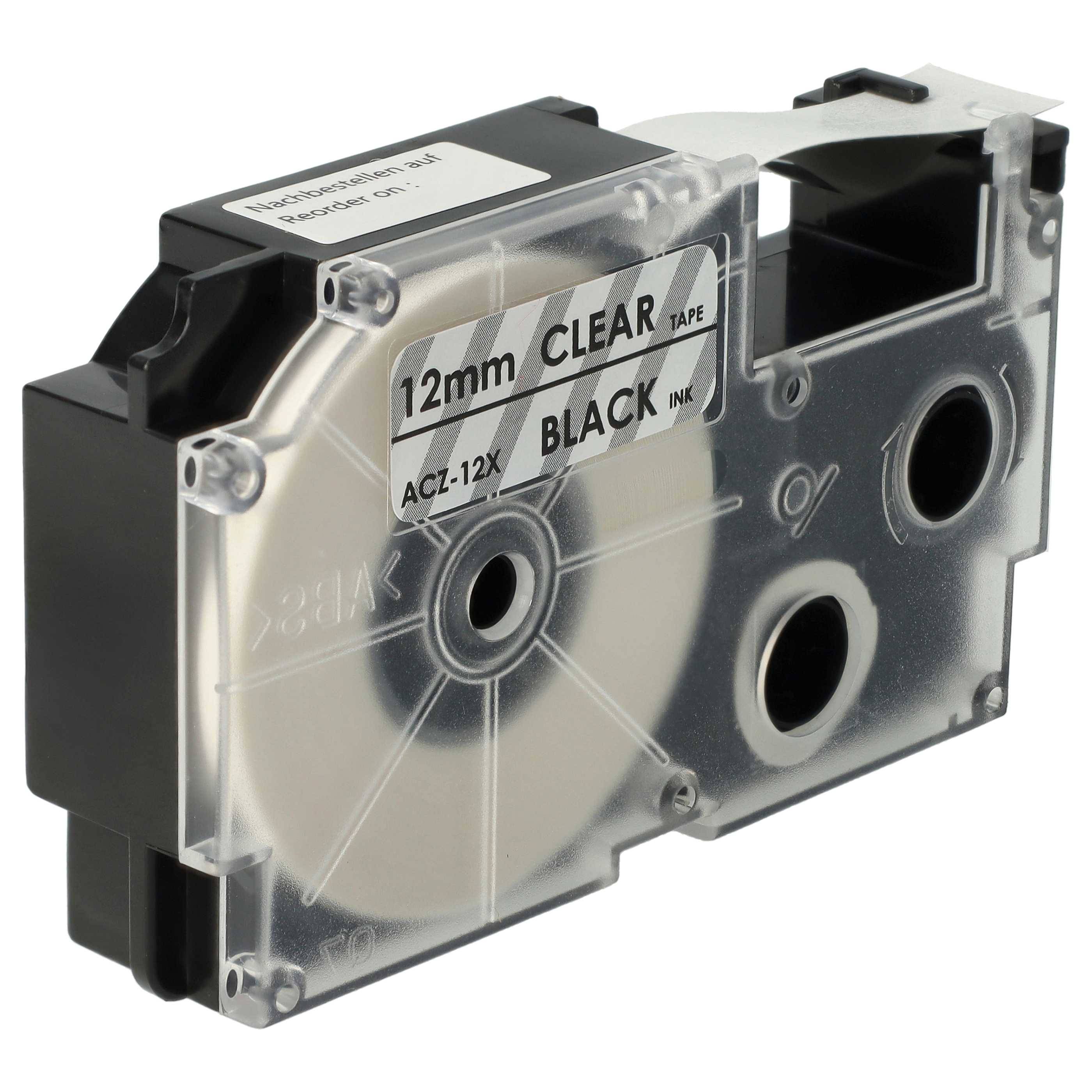 vhbw Schriftband-Kassette kompatibel mit Casio KL-C500, KL-8200, KL-P1000, KL-HD1, KL-G2 Etiketten-Drucker 8m x 12mm Schwarz auf Transparent