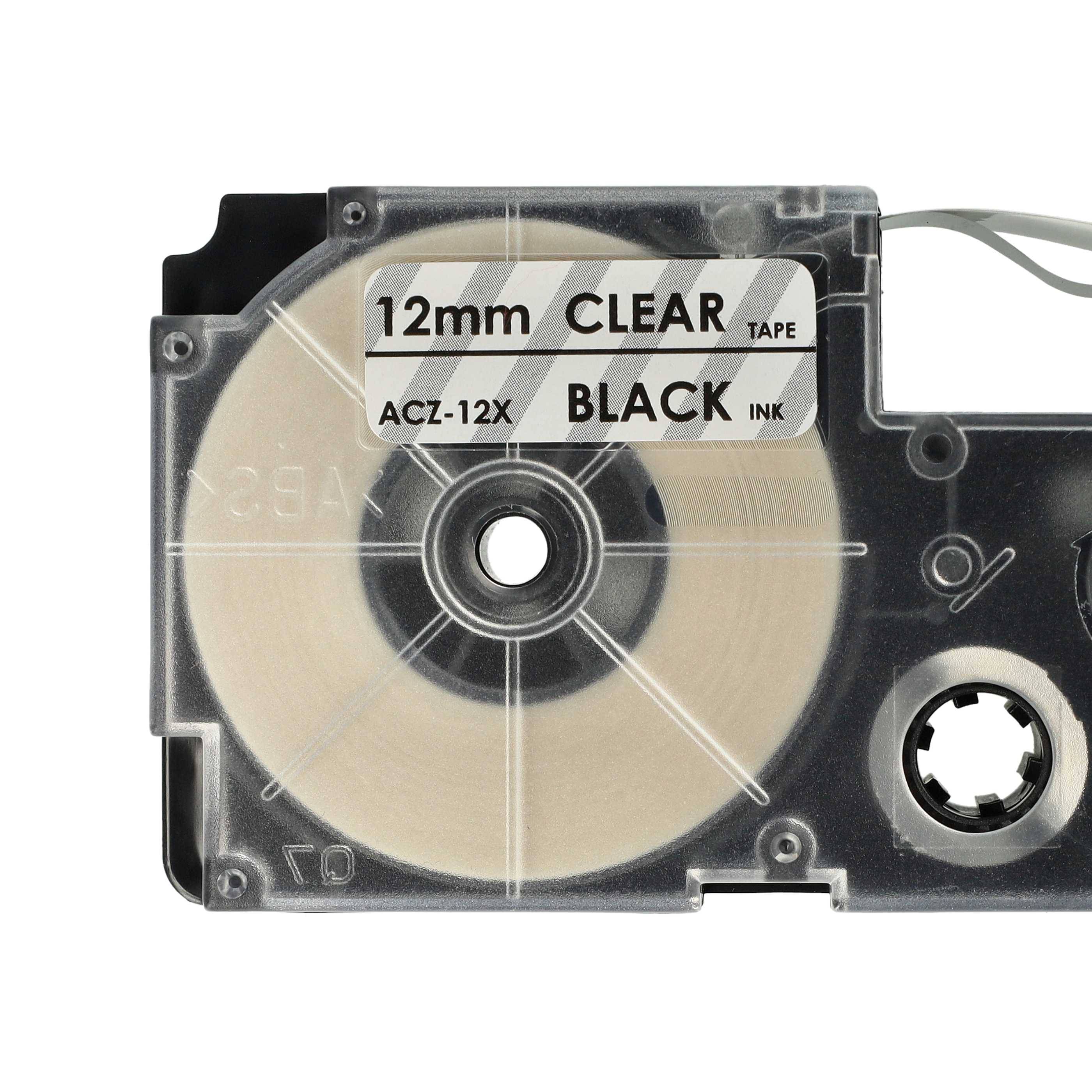 vhbw Schriftband-Kassette kompatibel mit Casio KL-C500, KL-8200, KL-P1000, KL-HD1, KL-G2 Etiketten-Drucker 8m x 12mm Schwarz auf Transparent