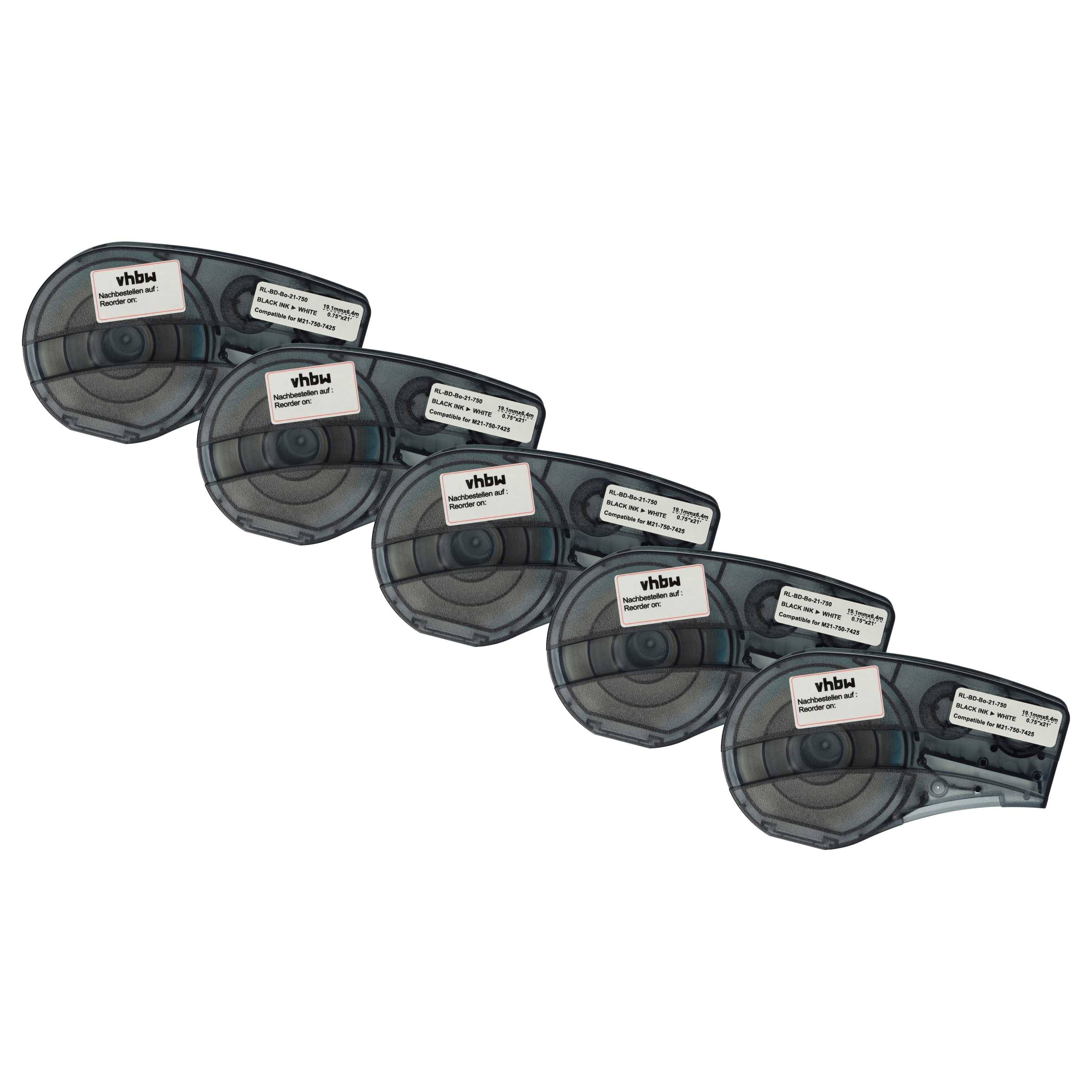 vhbw 5x Schriftband-Kassette kompatibel mit Brady BMP21-LAB, BMP21-PLUS, BMP21 Etiketten-Drucker 6,4m x 19,05mm Schwarz auf Weiß, Polypropylen