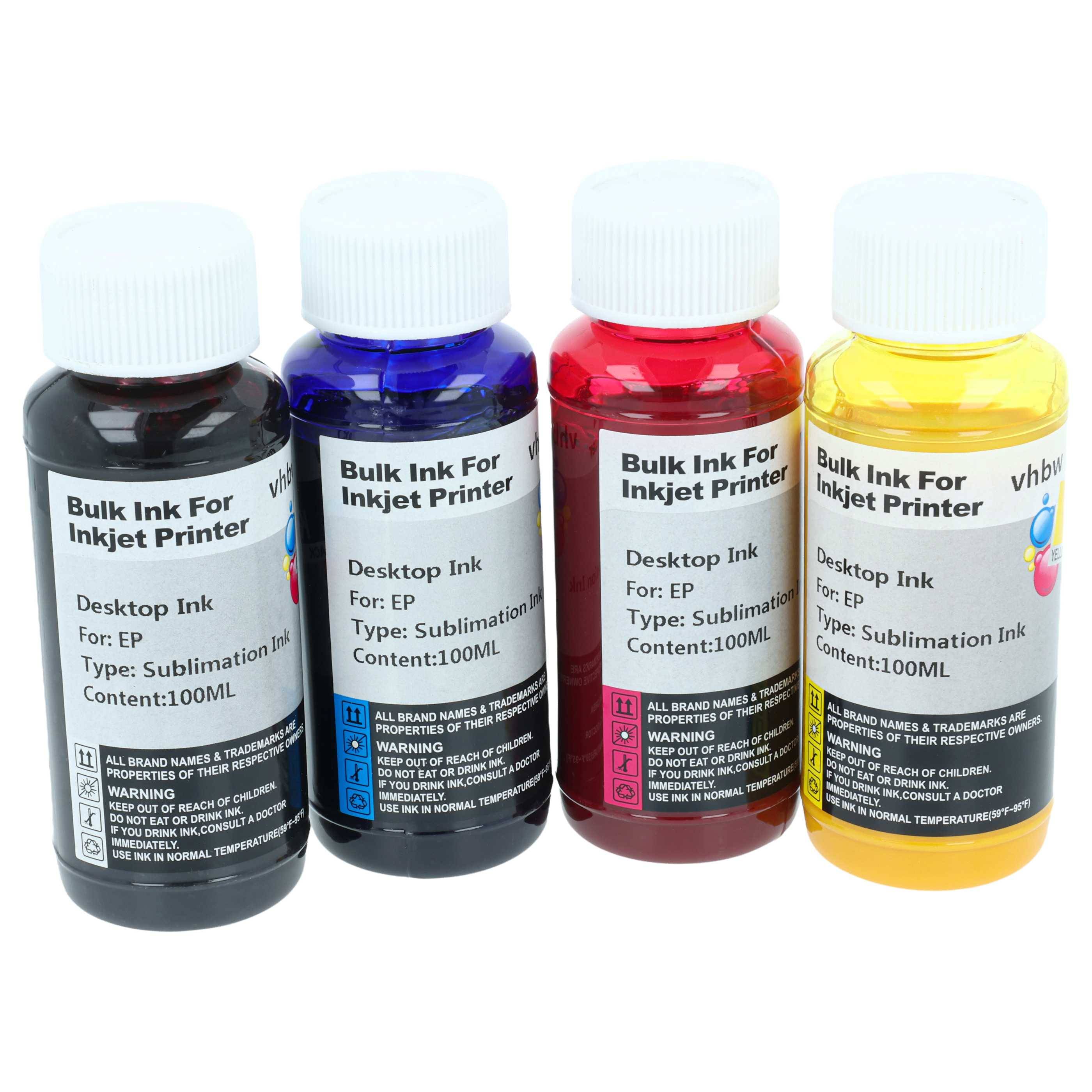Vier Flaschen Bulk-Tinte für Tintenstrahldrucker in Schwarz, Cyan, Magenta und Gelb. Jede Flasche enthält 100 ml Subliertinte.