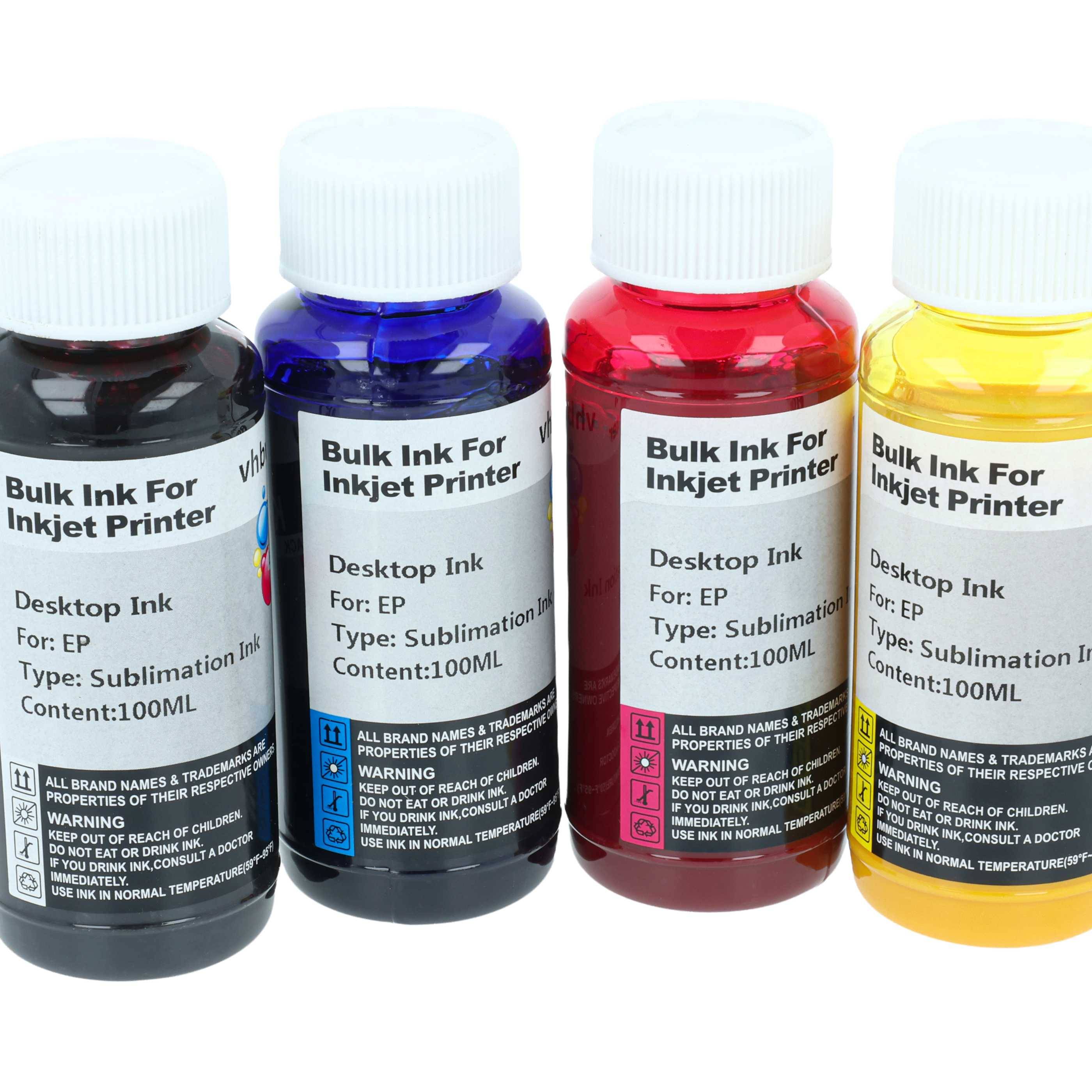 Vier Flaschen Tintenbulk für Tintenstrahldrucker, gekennzeichnet als Sublimationstinte mit verschiedenen Farben: Schwarz, Blau, Rot und Gelb. Jede Flasche enthält 100 ml.
