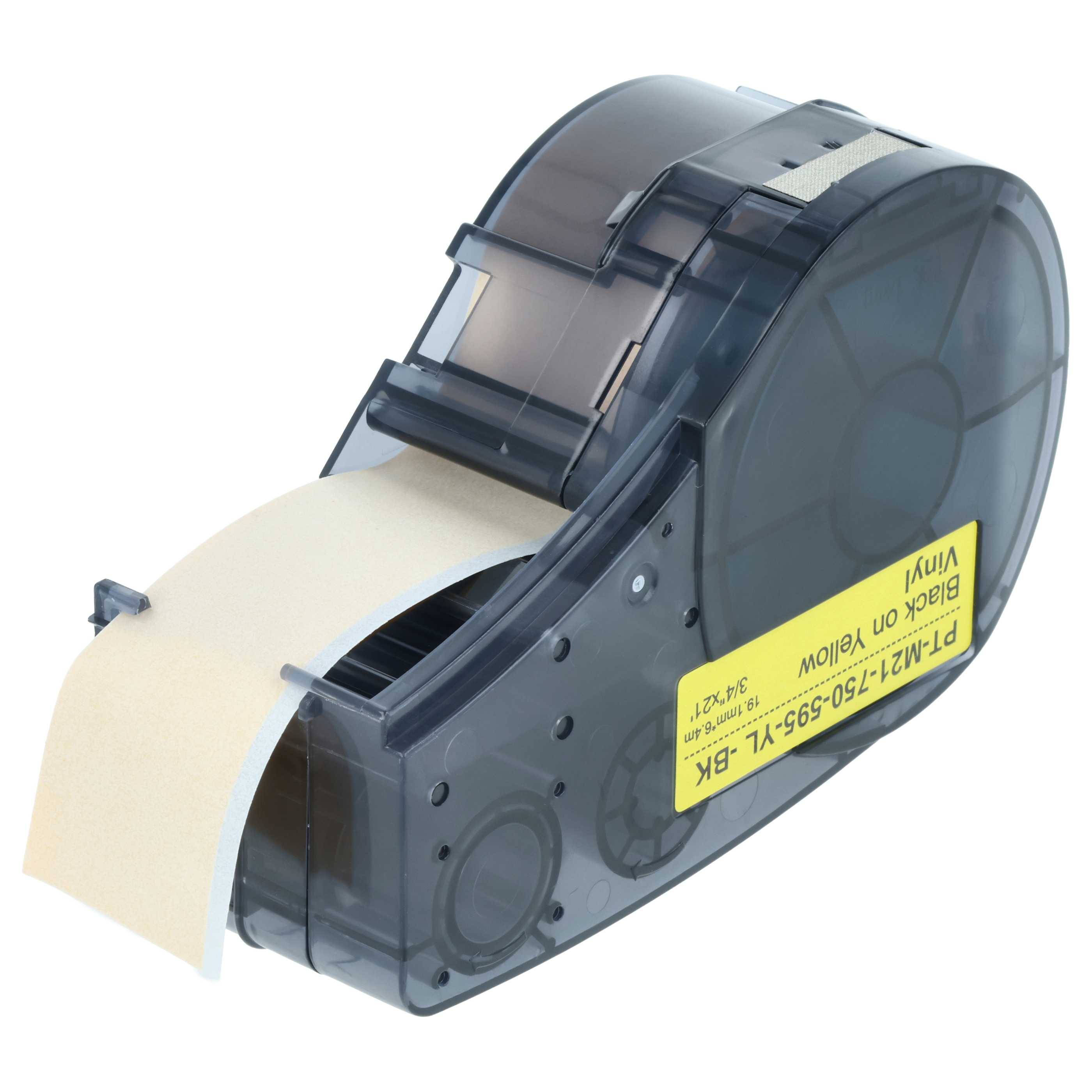 Etikettendruckerkartusche mit sichtbarem beigefarbenem Band, entwickelt für die Verwendung in Etikettiergeräten.