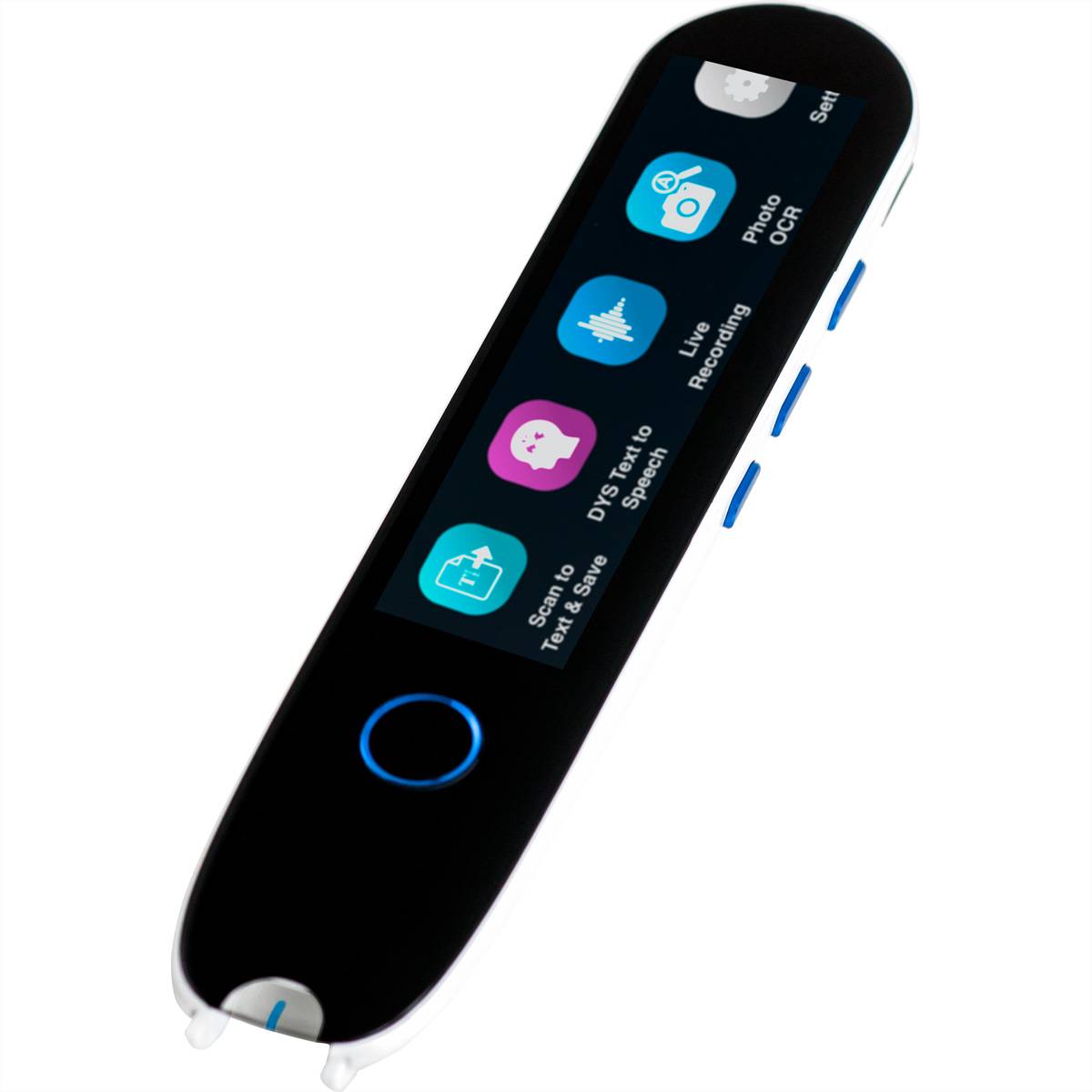 Tragbarer schwarzer Sprachrekorder mit Touchscreen, auf dem App-Symbole für Einstellungen, Foto-OCR, Live-Aufnahme, legasthenische Sprache und Scan-zu-Text/Speichern angezeigt werden