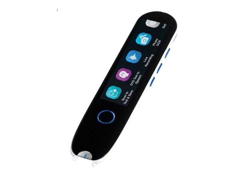 Tragbares schwarzes Übersetzungsgerät mit farbigem Touchscreen, das Übersetzung, Kamera, Lernfunktion und Scan-Symbole anzeigt, sowie eine runde Schaltfläche darunter.