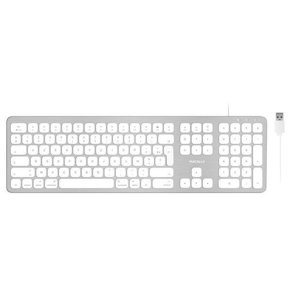 Macally WKEYHUBMB-FR, erweiterte Mac-Tastatur mit Ziffernblock, 2 USB Ports und französischem AZERTY Layout, USB-A, Alu-Design
