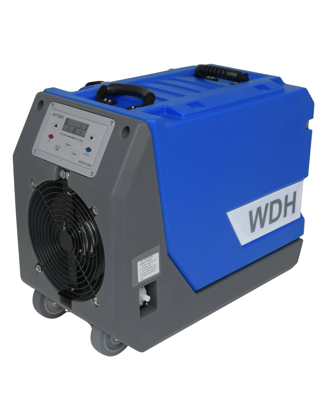 Ein blau-grauer Luftentfeuchter mit Bedienfeld und Ventilator ist mit „WDH