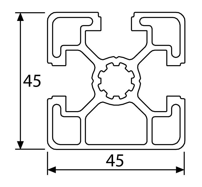 Design-Aluminiumprofil 45x45L 1 Nut verdeckt B-Typ Nut 10 (leicht), silber eloxiert. Aluminium Profil 45x45 Alu Profile 45 x 45 Systemprofil 170mm