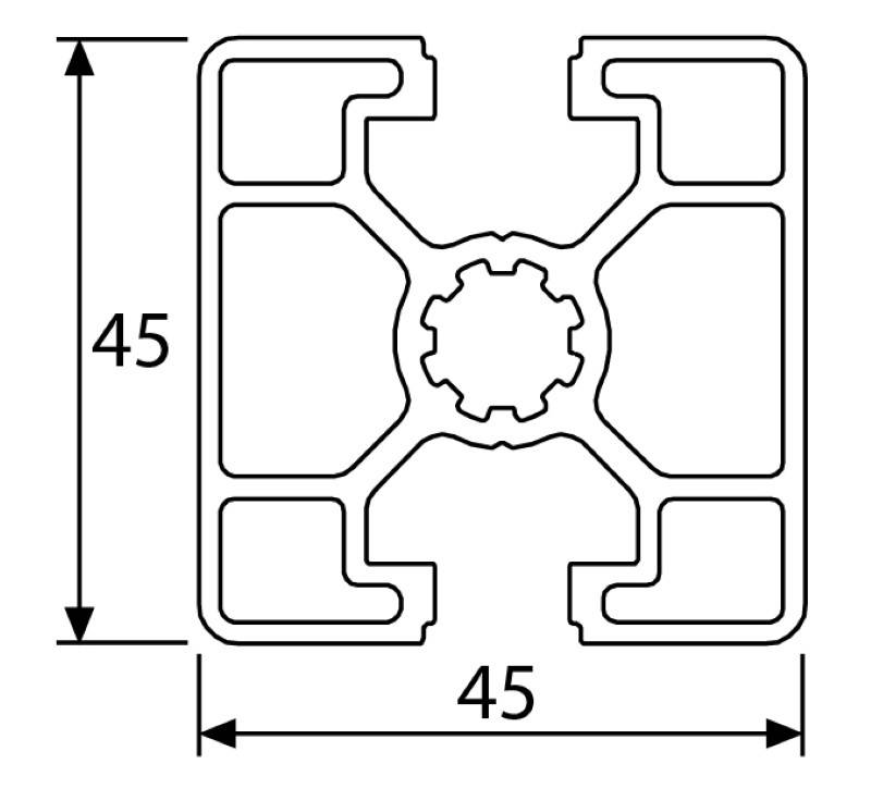 Design-Aluminiumprofil 45x45L 2 Nuten verdeckt 180° B-Typ Nut 10 (leicht), silber eloxiert. Aluminium Profil 45x45 Alu Profile 45 x 45 Systemprofil