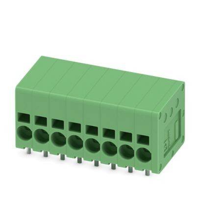 Grüner 8-poligen steckbarer Klemmblock-Stecker mit Schraubendreherklemmen und Metallkontakten.