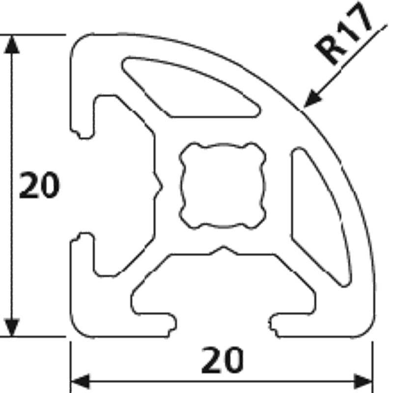 Design-Aluminiumprofil 20x20L Radius 17 B-Typ Nut 6 (leicht), silber eloxiert. Aluminium Profil 20x20 Alu Profile 20 x 20 Systemprofil 1220mm