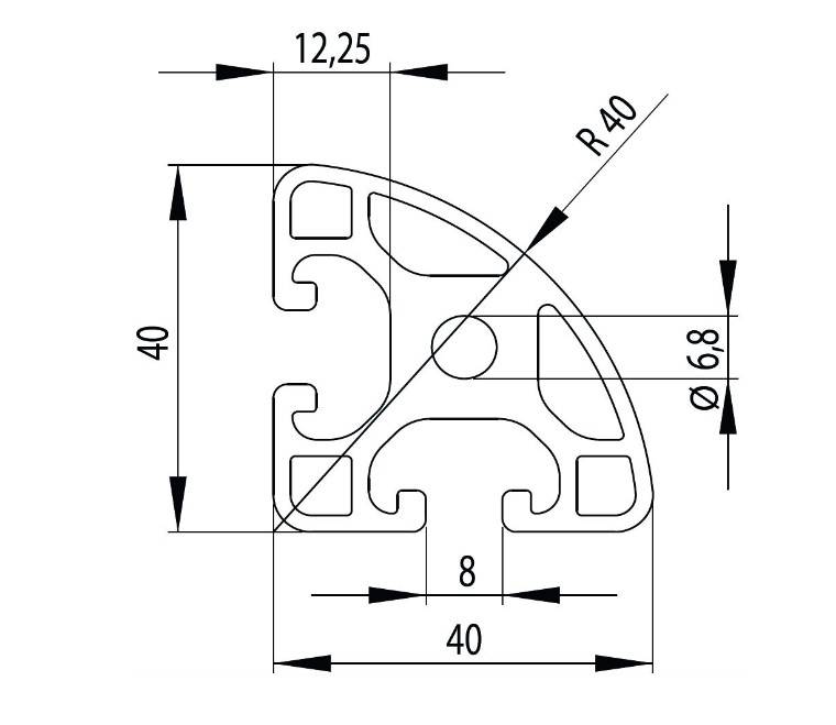 Design-Aluminiumprofil 40x40L Radius 40 - I-Typ Nut 8 (leicht), silber eloxier. Aluminium Profil 40x40 Alu Profil 40 x 40 Montage- Systemprofil