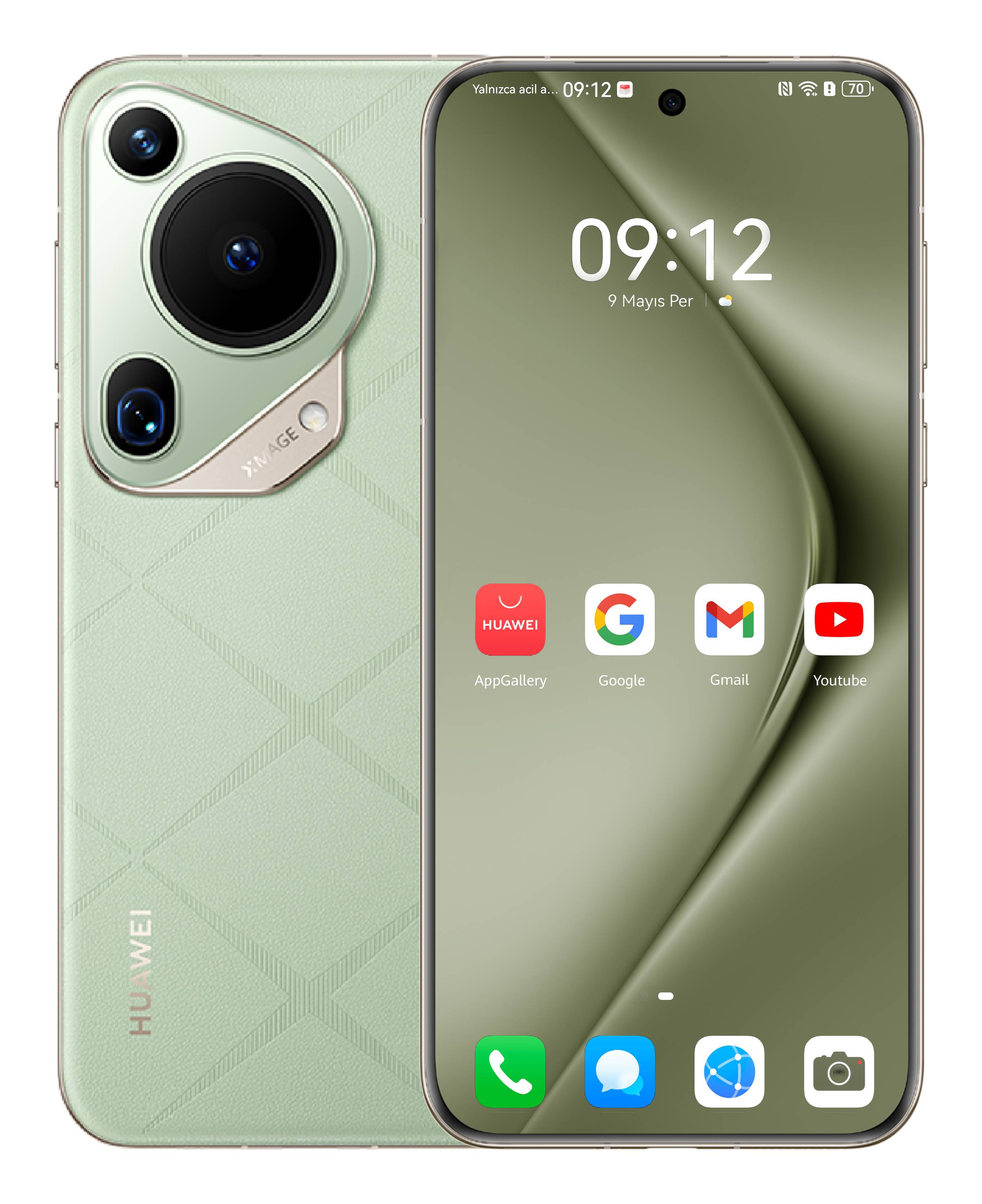 Huawei-Smartphone von vorne und von hinten in hellem Grün gezeigt, mit großem kreisförmigen hintere Kameramodul und Startbildschirm mit App-Symbolen und Uhrzeit 09:12.