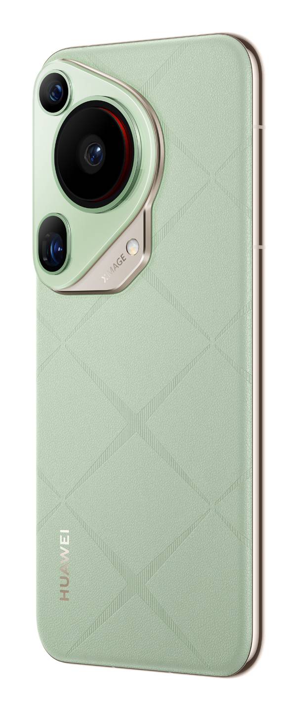 Rückansicht eines mintgrünen Huawei-Smartphones mit einem großen kreisförmigen Triple-Kamera-Modul und strukturierter Rautenmus-Rückseite.