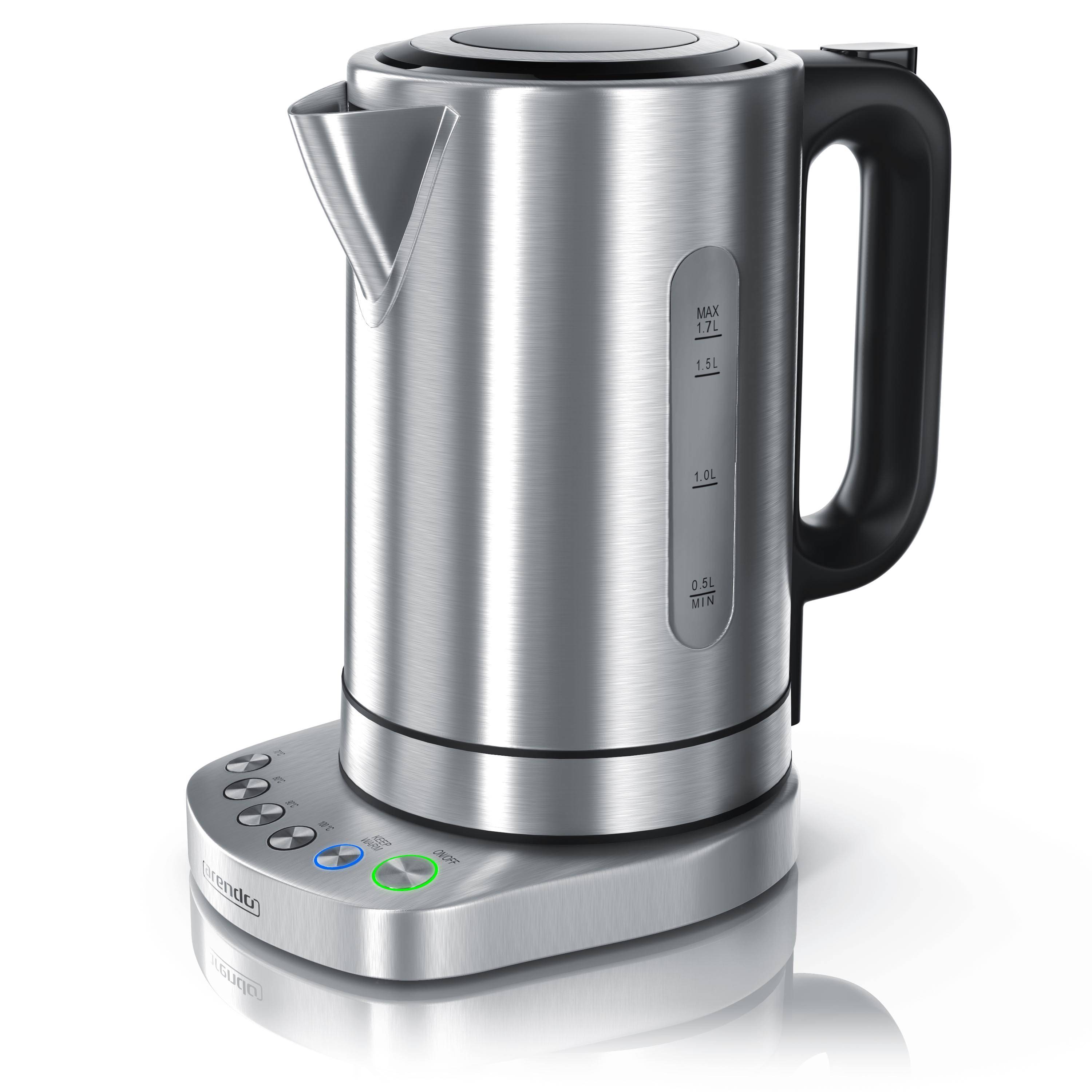 Arendo Wasserkocher 1,7 l, 3000 W, Edelstahl, Schnellkoch, einstellbare Temperatur, Warmhaltefunktion, Abschaltautomatik