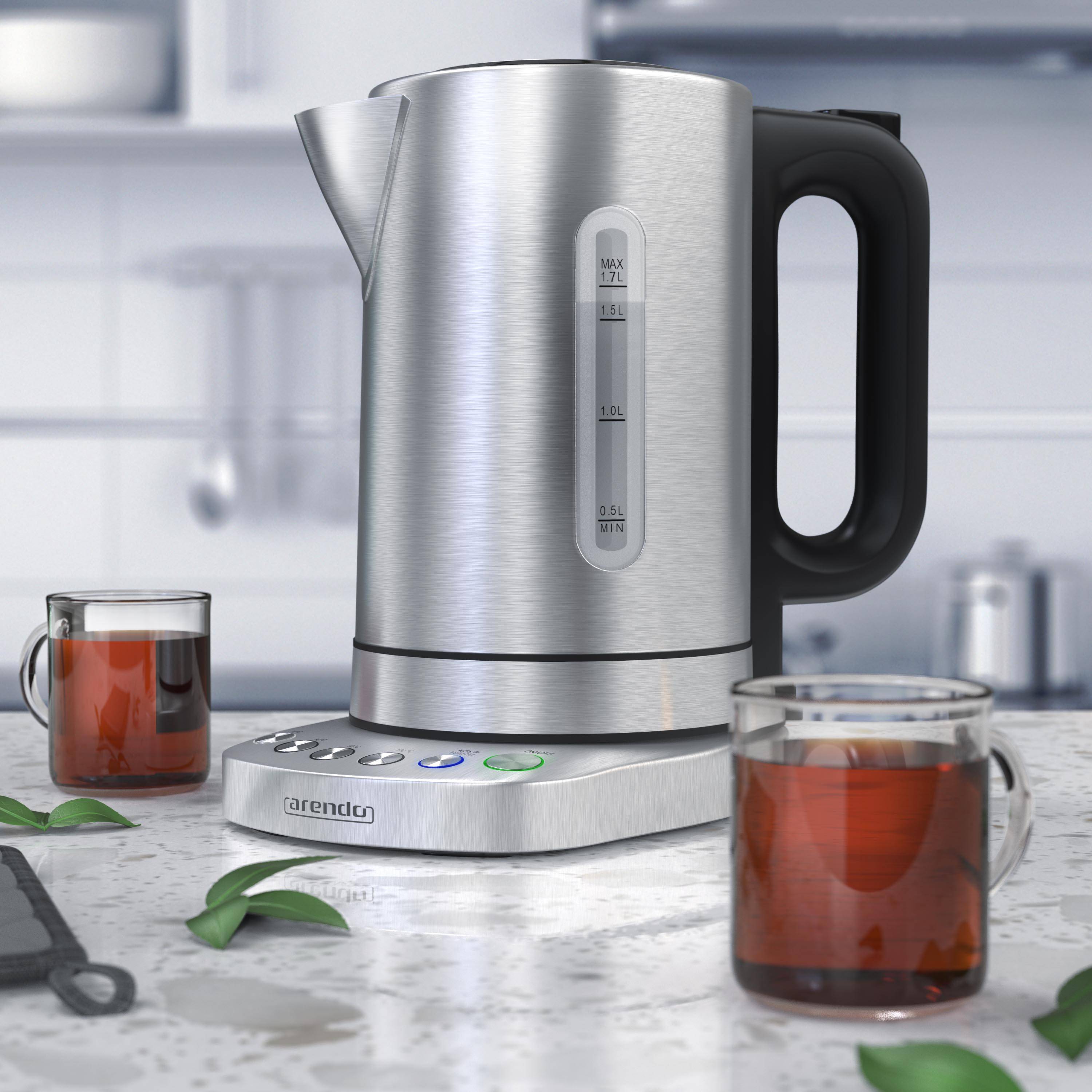 Arendo Wasserkocher 1,7 l, 3000 W, Edelstahl, Schnellkoch, einstellbare Temperatur, Warmhaltefunktion