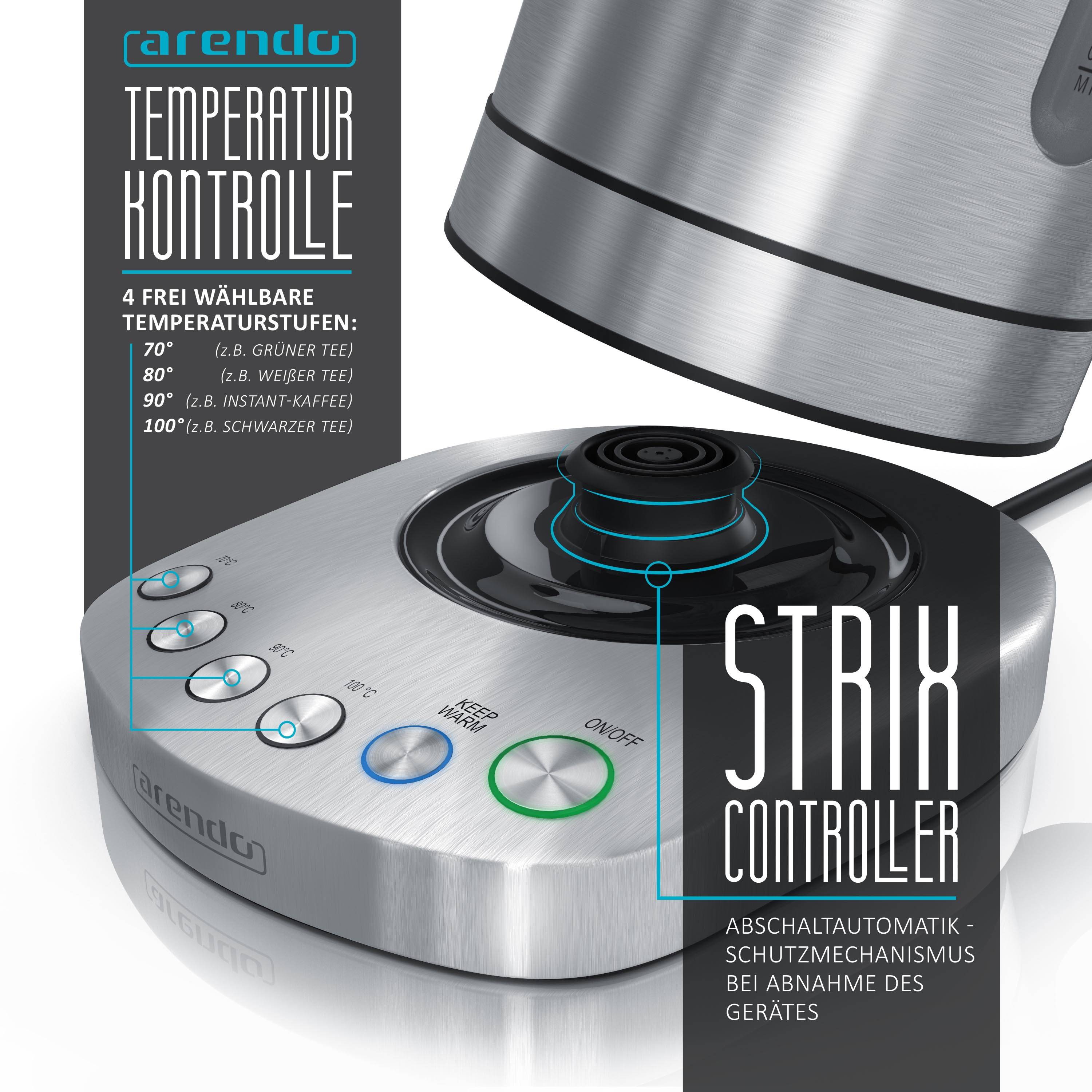 Arendo Wasserkocher 1,7 l, 3000 W, Edelstahl, Schnellkoch, einstellbare Temperatur, Warmhaltefunktion