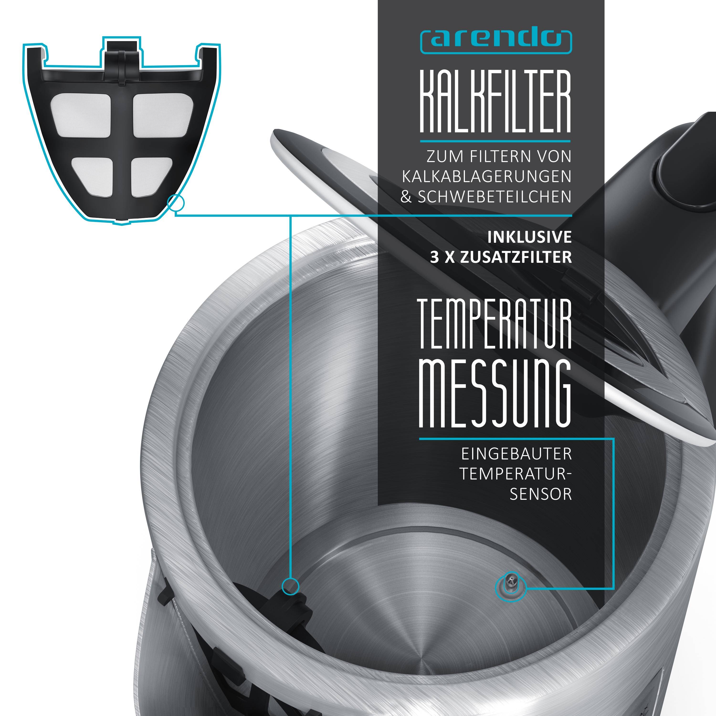 Arendo Wasserkocher 1,7 l, 3000 W, Edelstahl, Schnellkoch, einstellbare Temperatur, Warmhaltefunktion, Abschaltautomatik