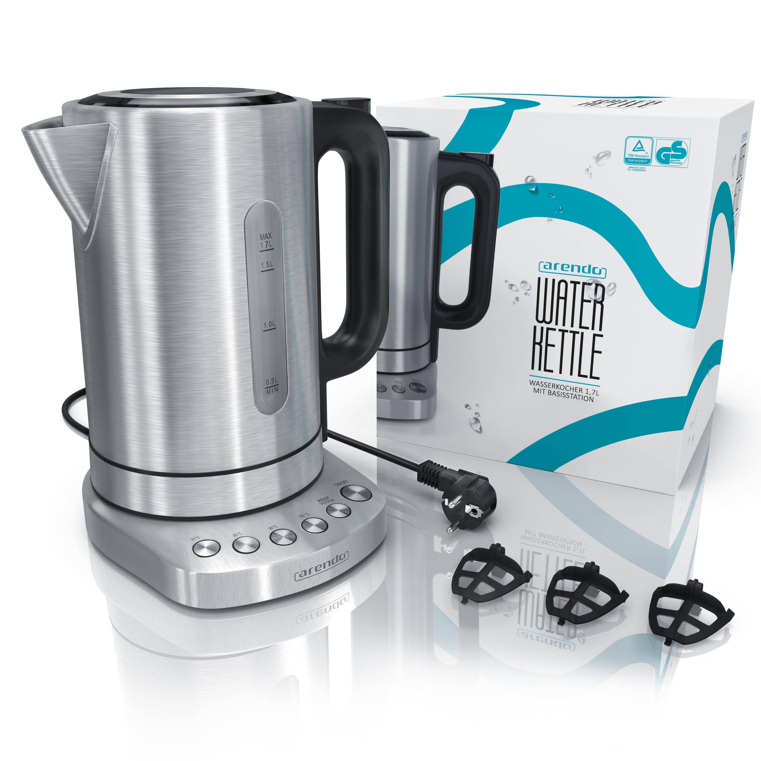 Arendo Wasserkocher 1,7 l, 3000 W, Edelstahl, Schnellkoch, einstellbare Temperatur, Warmhaltefunktion