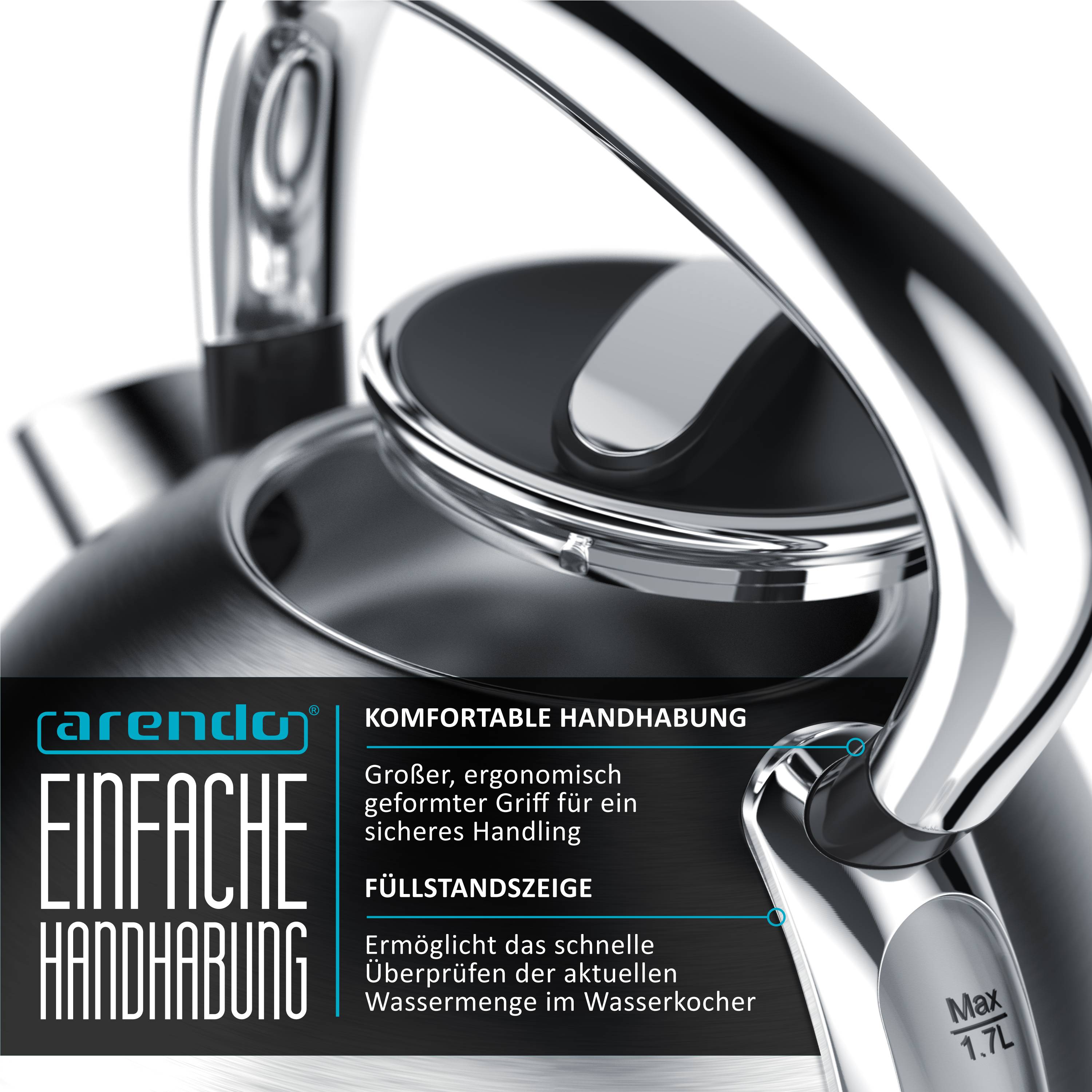 Arendo Wasserkocher 1,7 l, 2200 W, Edelstahl, Retro-Design, Überhitzungs- und Trockengehschutz, silber, Strix Controller