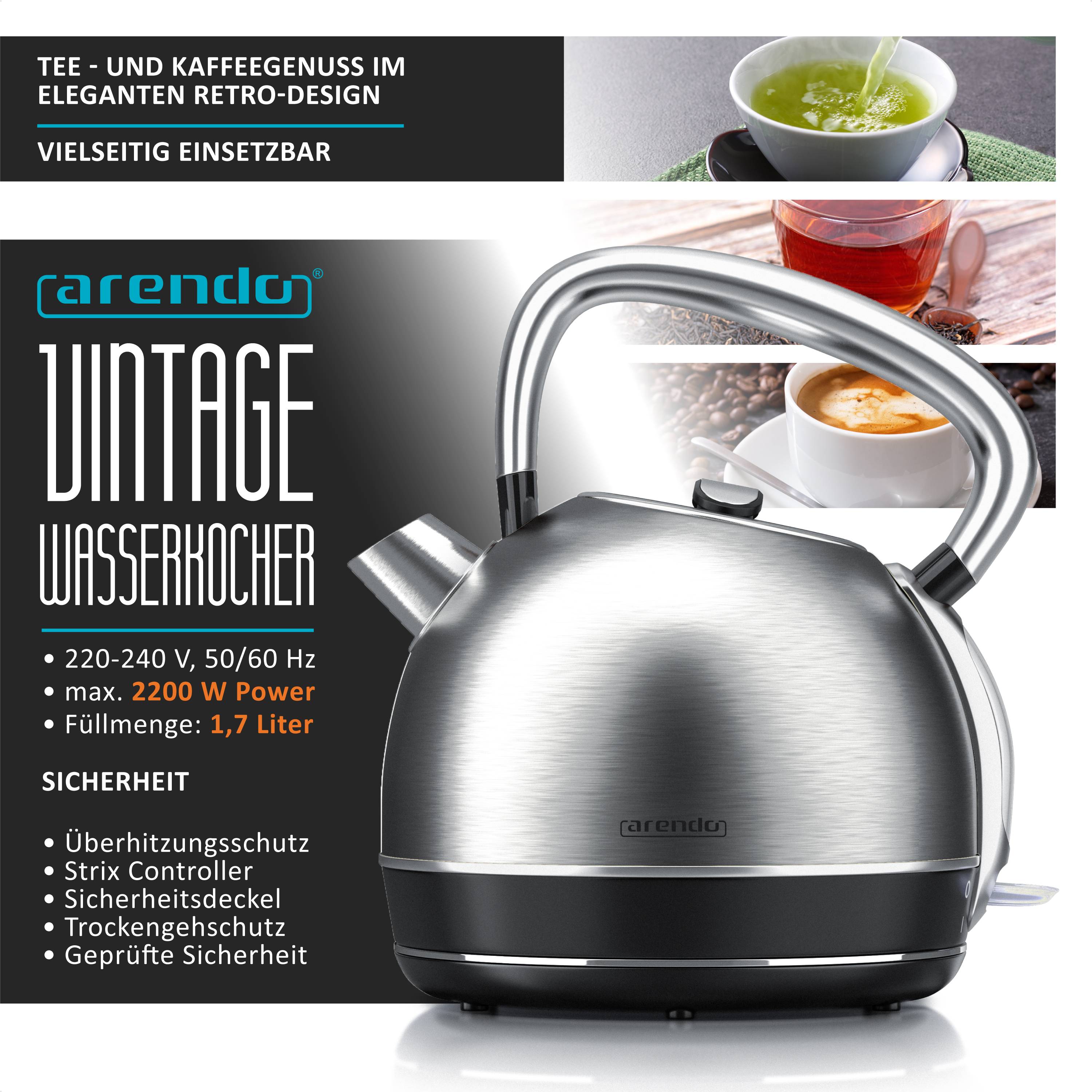 Arendo Wasserkocher 1,7 l, 2200 W, Edelstahl, Retro-Design, Überhitzungs- und Trockengehschutz, silber, Strix Controller