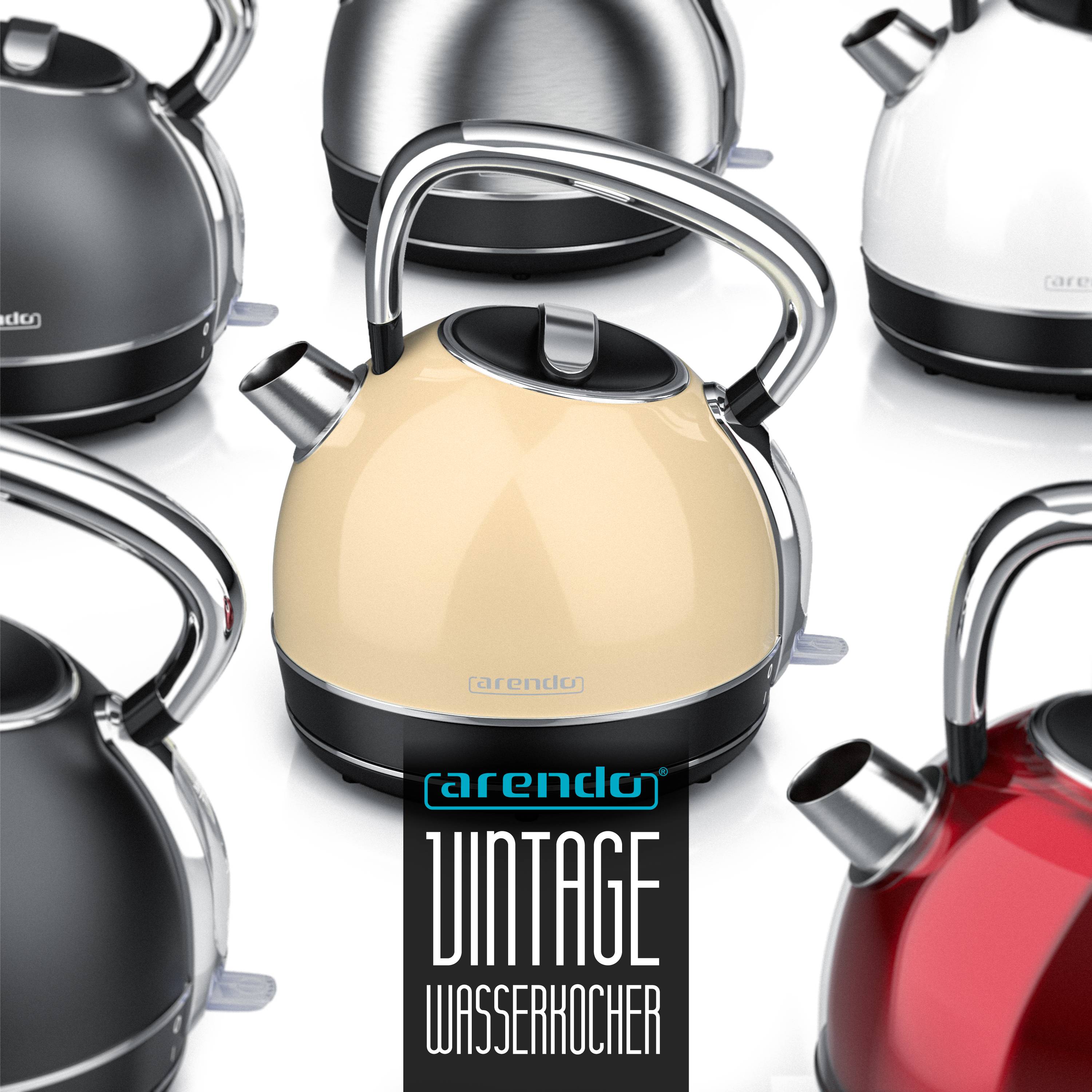 Arendo Wasserkocher 1,7 l, 2200 W, Edelstahl, Retro-Design, Überhitzungs- und Trockengehschutz, silber, Strix Controller