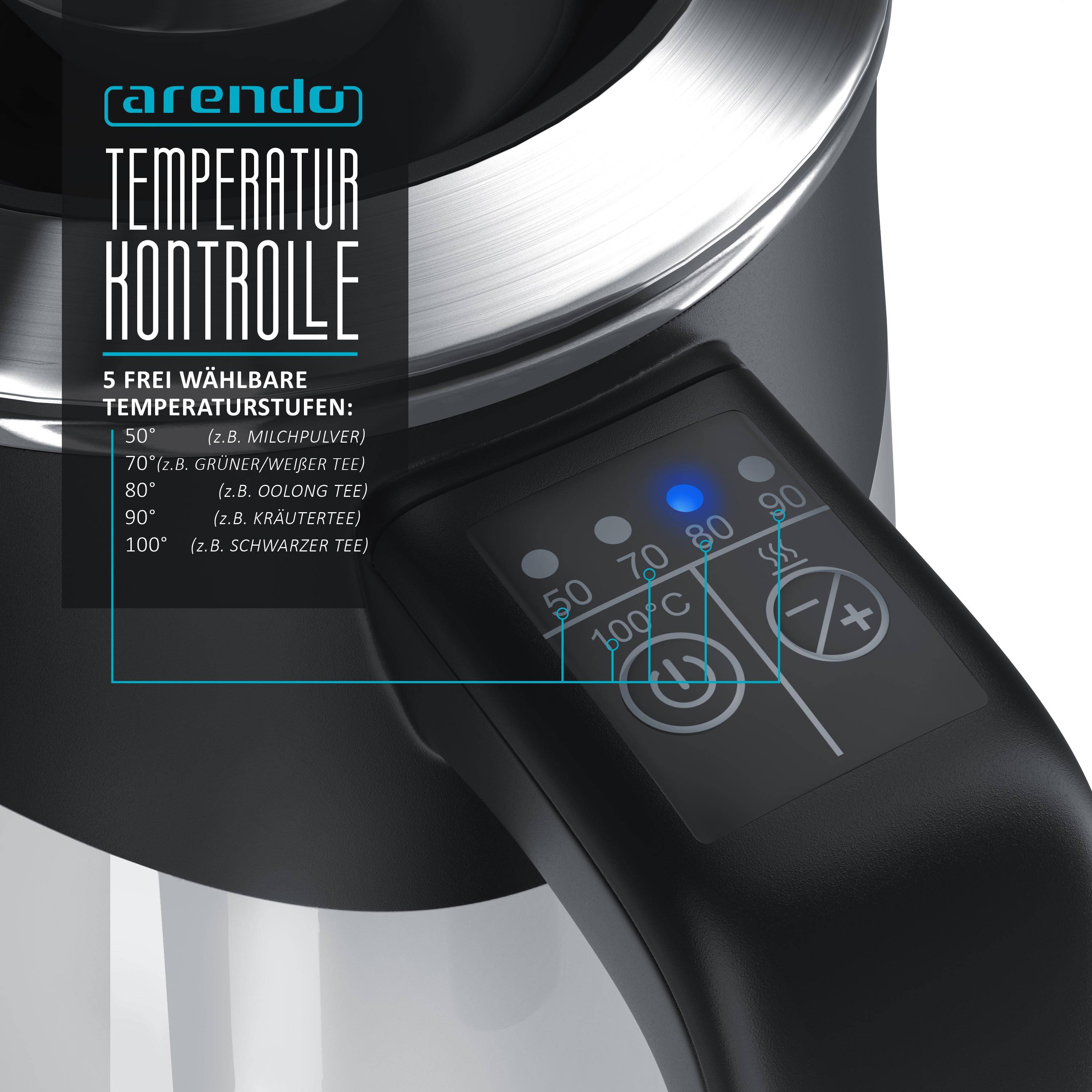 Arendo Wasserkocher 0,5 l, 1100 W, Edelstahl Reisewasserkocher, Temperaturwahl, weiß, Warmhaltefunktion, mit LED