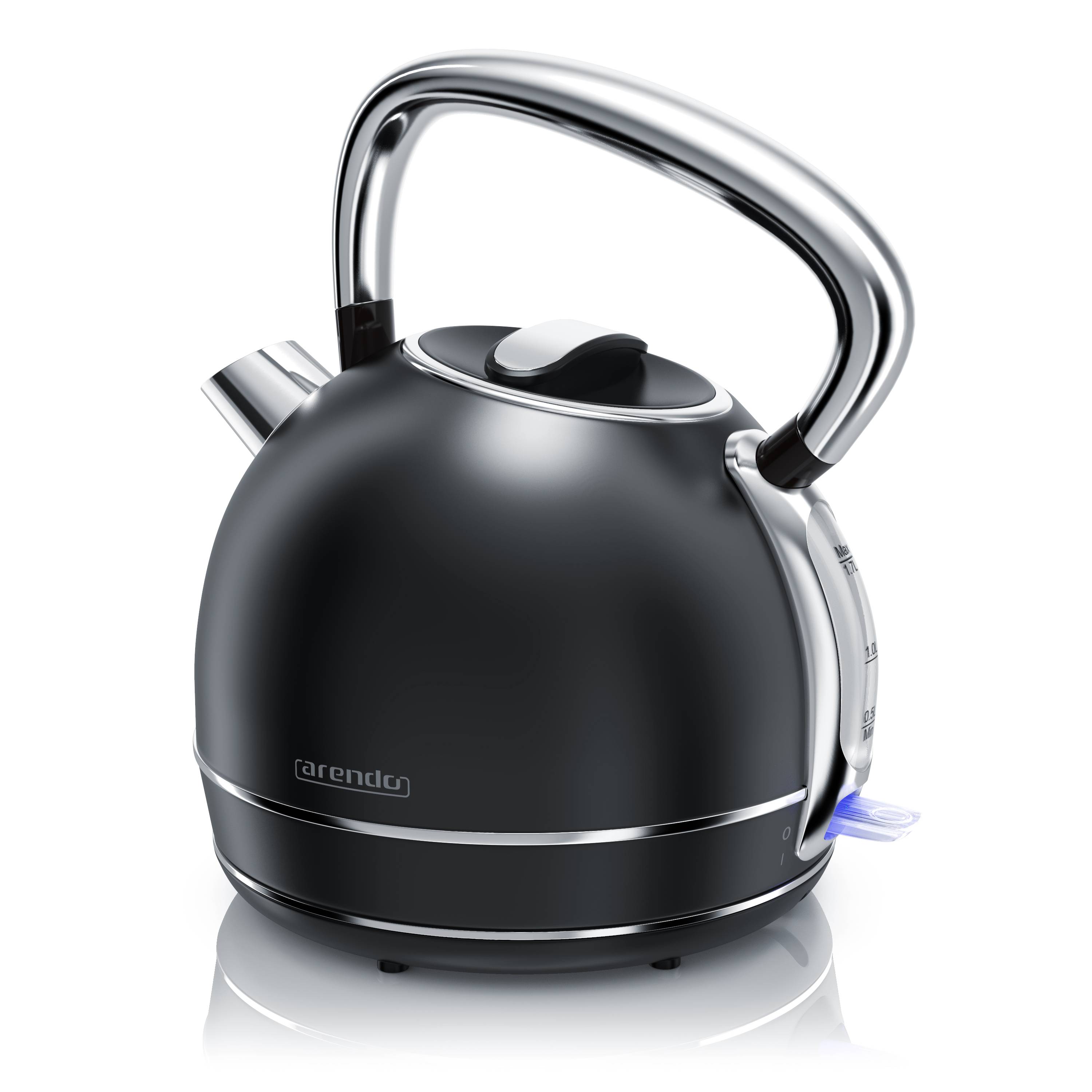 Arendo Wasserkocher 1,7 l, 2200 W, Edelstahl Retro-Design, Überhitzungs- und Trockengehschutz, schwarz, Strix Controller