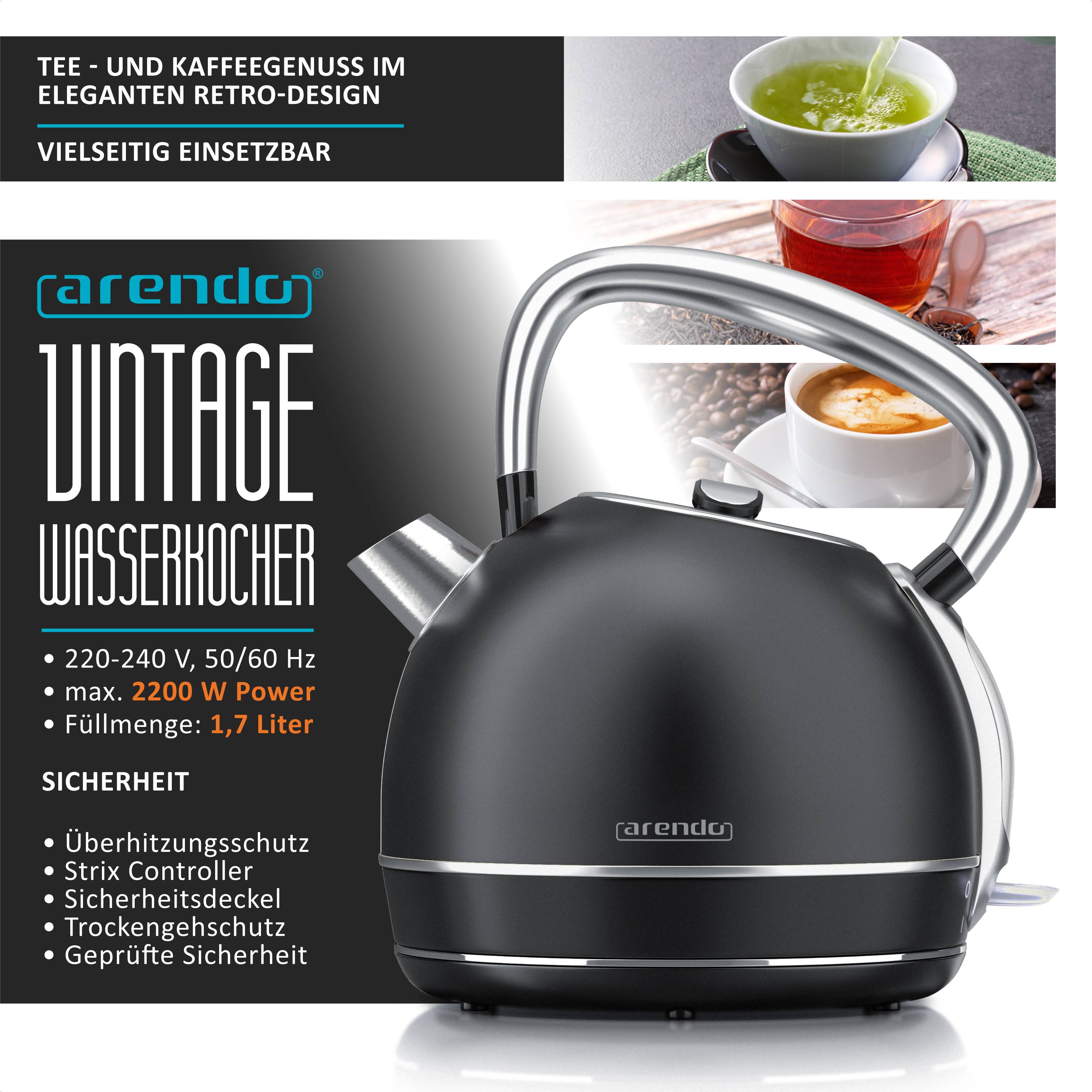 Arendo Wasserkocher 1,7 l, 2200 W, Edelstahl Retro-Design, Überhitzungs- und Trockengehschutz, schwarz, Strix Controller