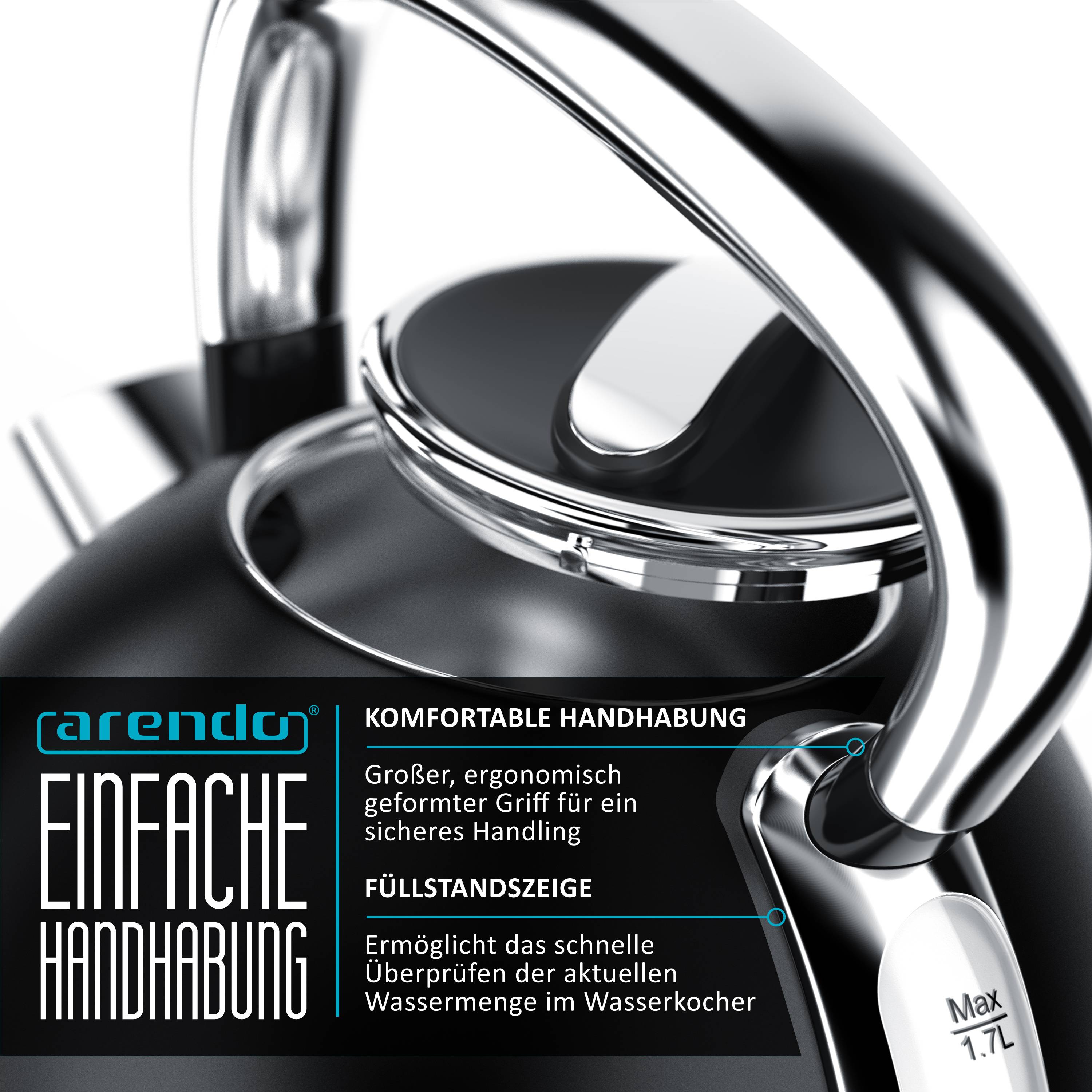 Arendo Wasserkocher 1,7 l, 2200 W, Edelstahl Retro-Design, Überhitzungs- und Trockengehschutz, schwarz, Strix Controller