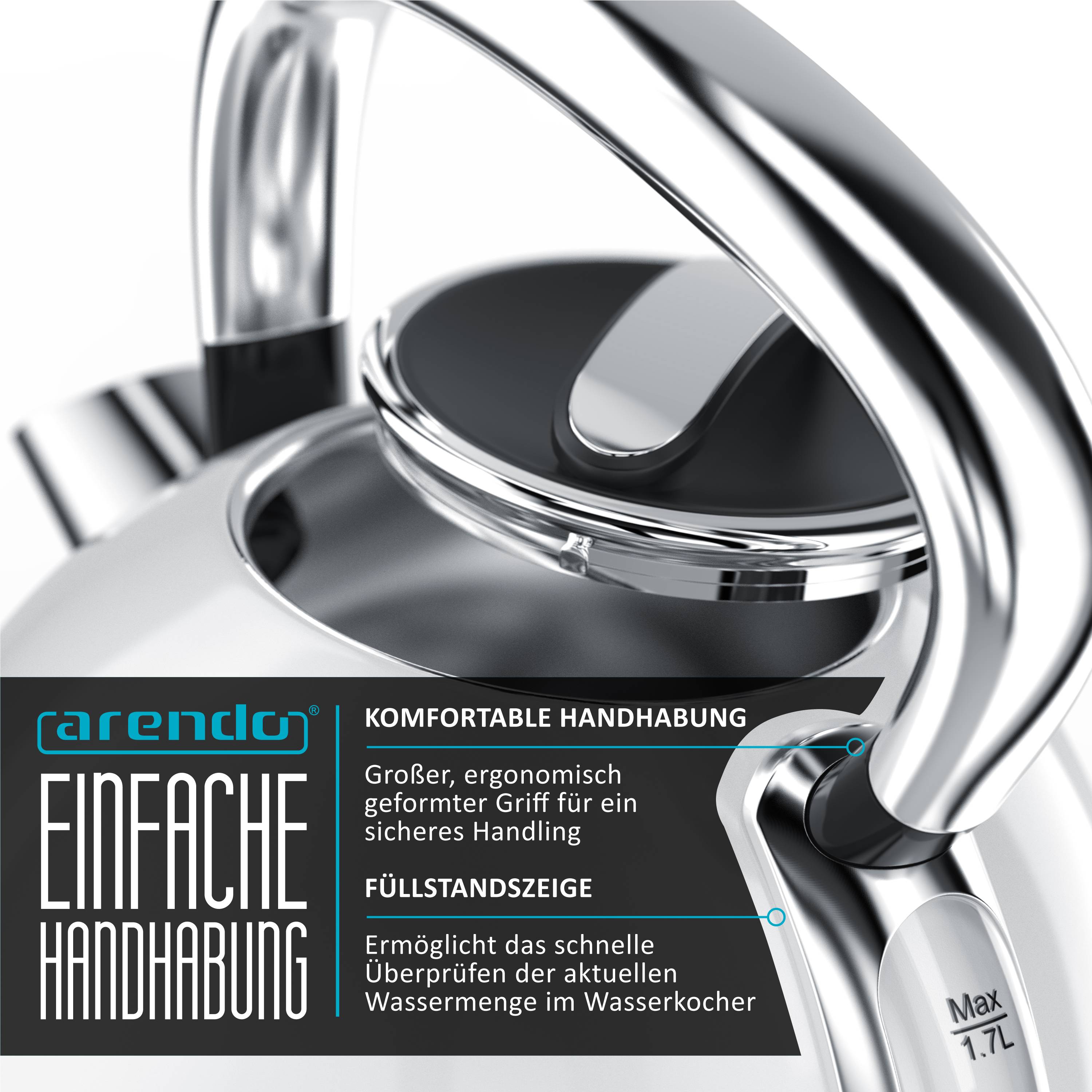 Arendo Wasserkocher 1,7 l, 2200 W, Edelstahl, Retro-Design, Überhitzungs- und Trockengehschutz, weiß, Abschaltautomatik