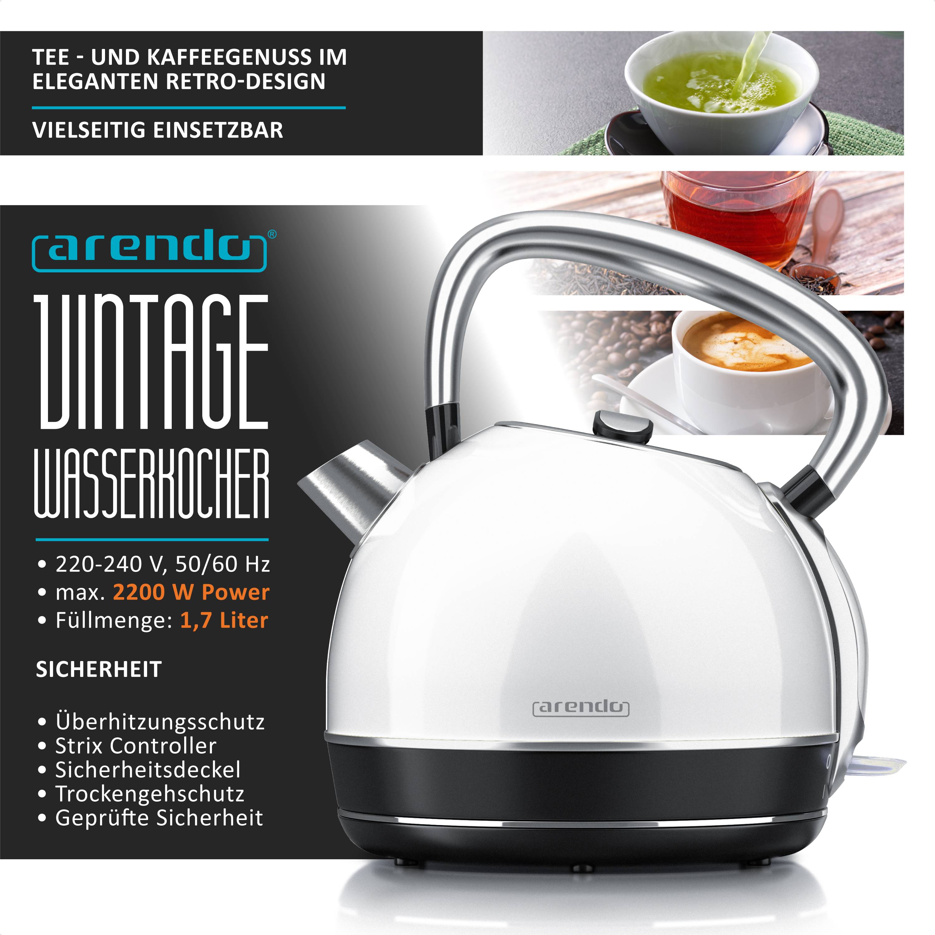 Arendo Wasserkocher 1,7 l, 2200 W, Edelstahl, Retro-Design, Überhitzungs- und Trockengehschutz, weiß, Abschaltautomatik