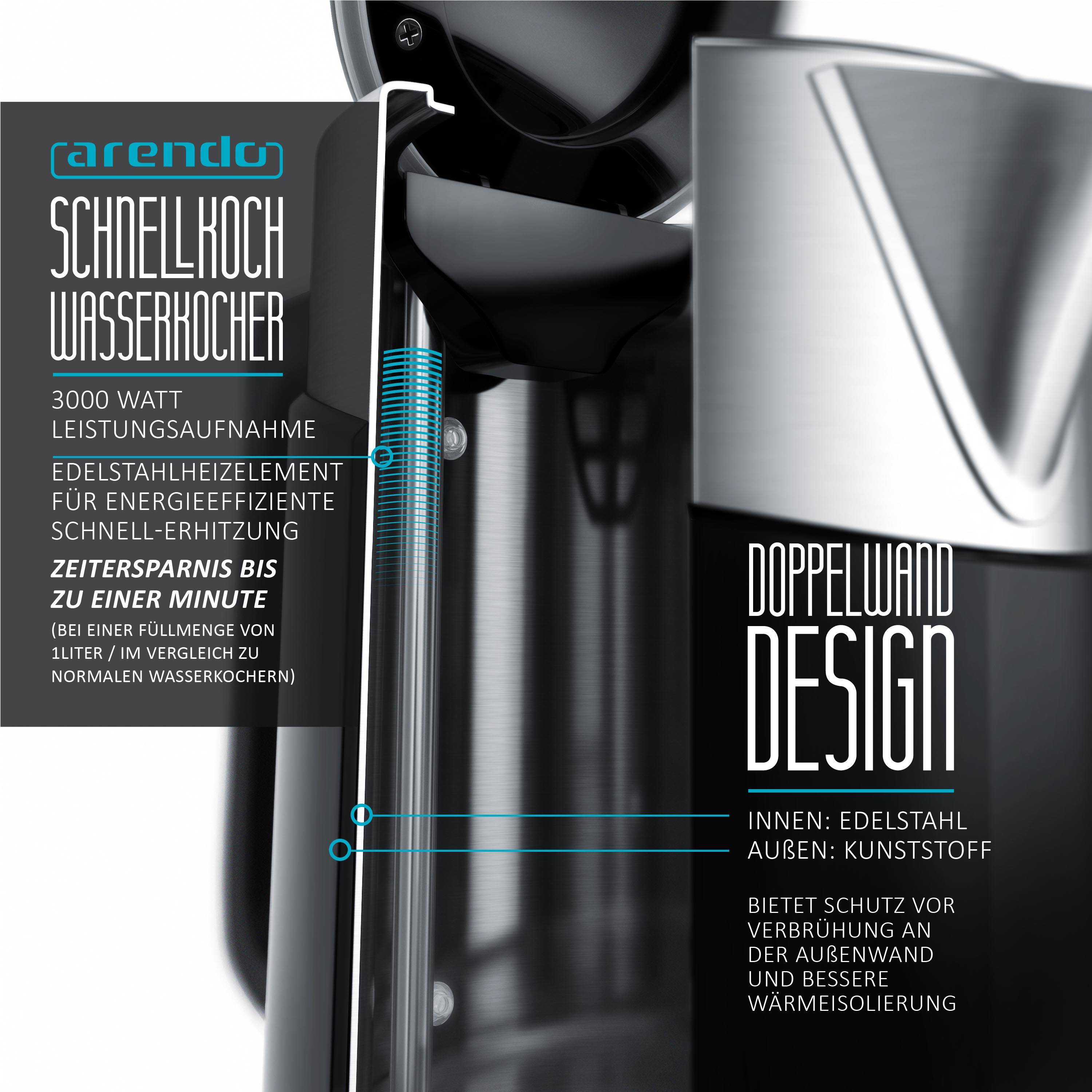 Arendo Wasserkocher 1,7 l, 3000 W, Edelstahl, Schnellkoch Funktion, Temperatureinstellung 70° C - 100° C