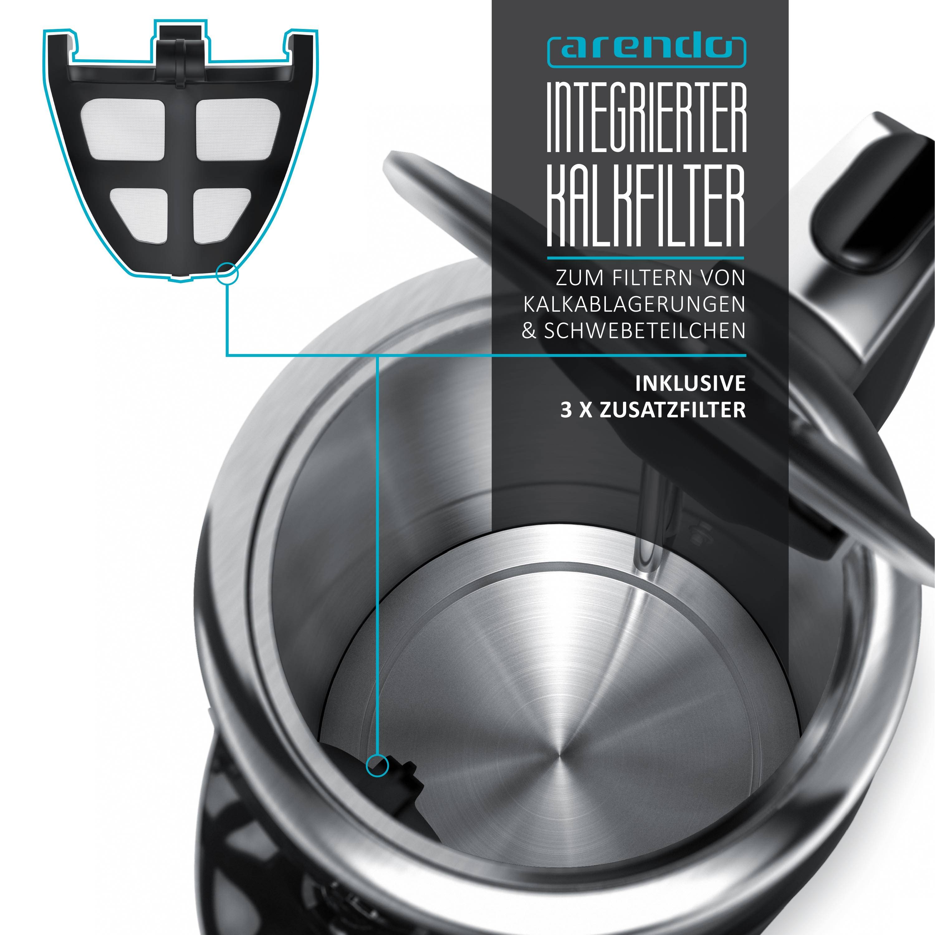 Arendo Wasserkocher 1,7 l, 3000 W, Edelstahl, Schnellkoch Funktion, Temperaturwahl 70° C-100° C, 4 Temperaturstufen