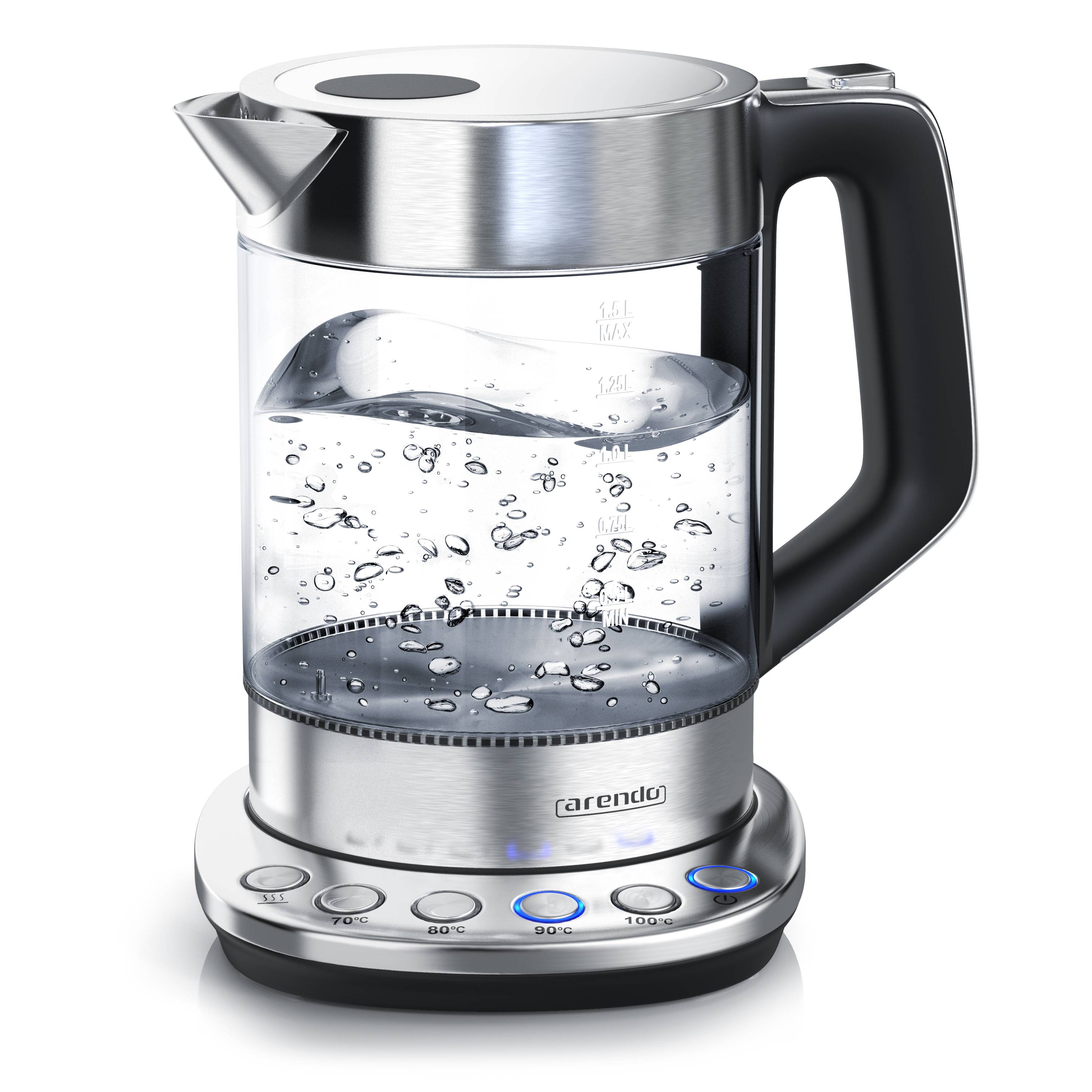 Arendo Wasserkocher 1,5 l, 2200 W, Glas und Edelstahl mit Basisstation, Temperaturwahl 70° C-100° C, Wasserstandsanzeige