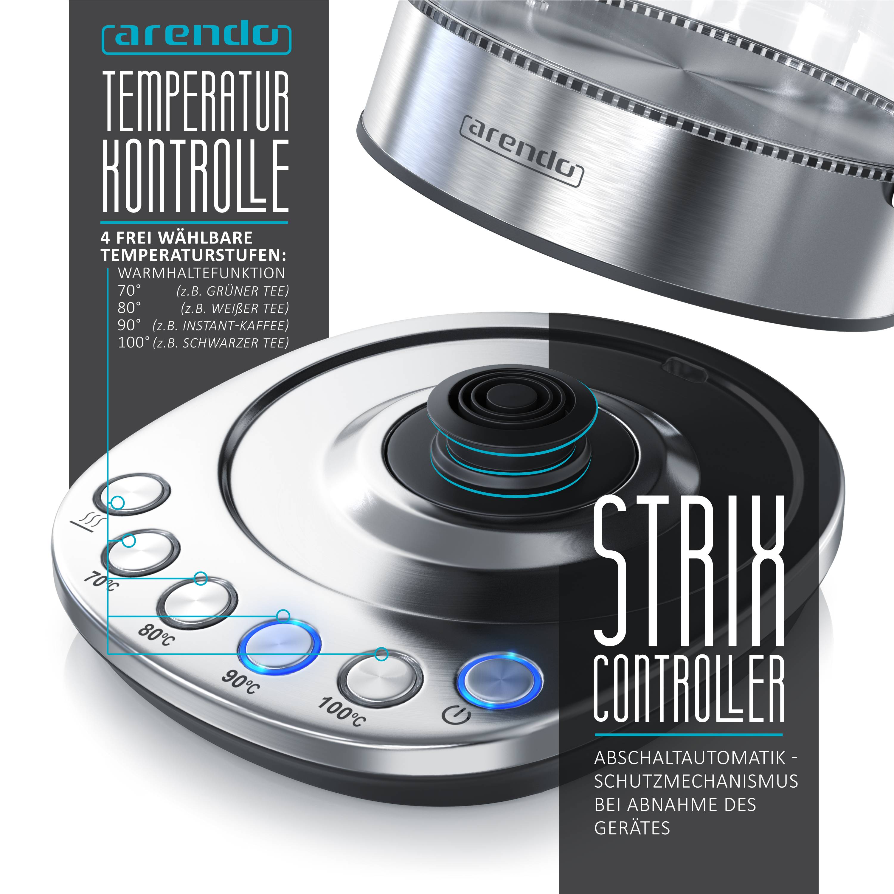 Arendo Wasserkocher 1,5 l, 2200 W, Edelstahl & Glas mit Basisstation, Temperatureinstellung 70° C - 100° C